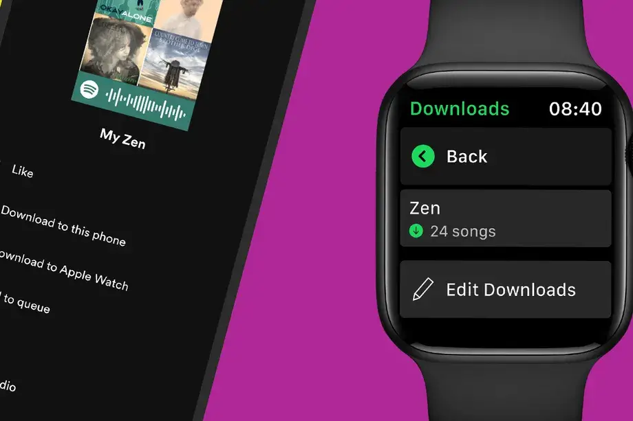 Un'immagine promozionale di Spotify che promuove la funzionalità offline nell'app tvOS con la possibilità di scaricare brani, playlist e podcast su Apple Watch