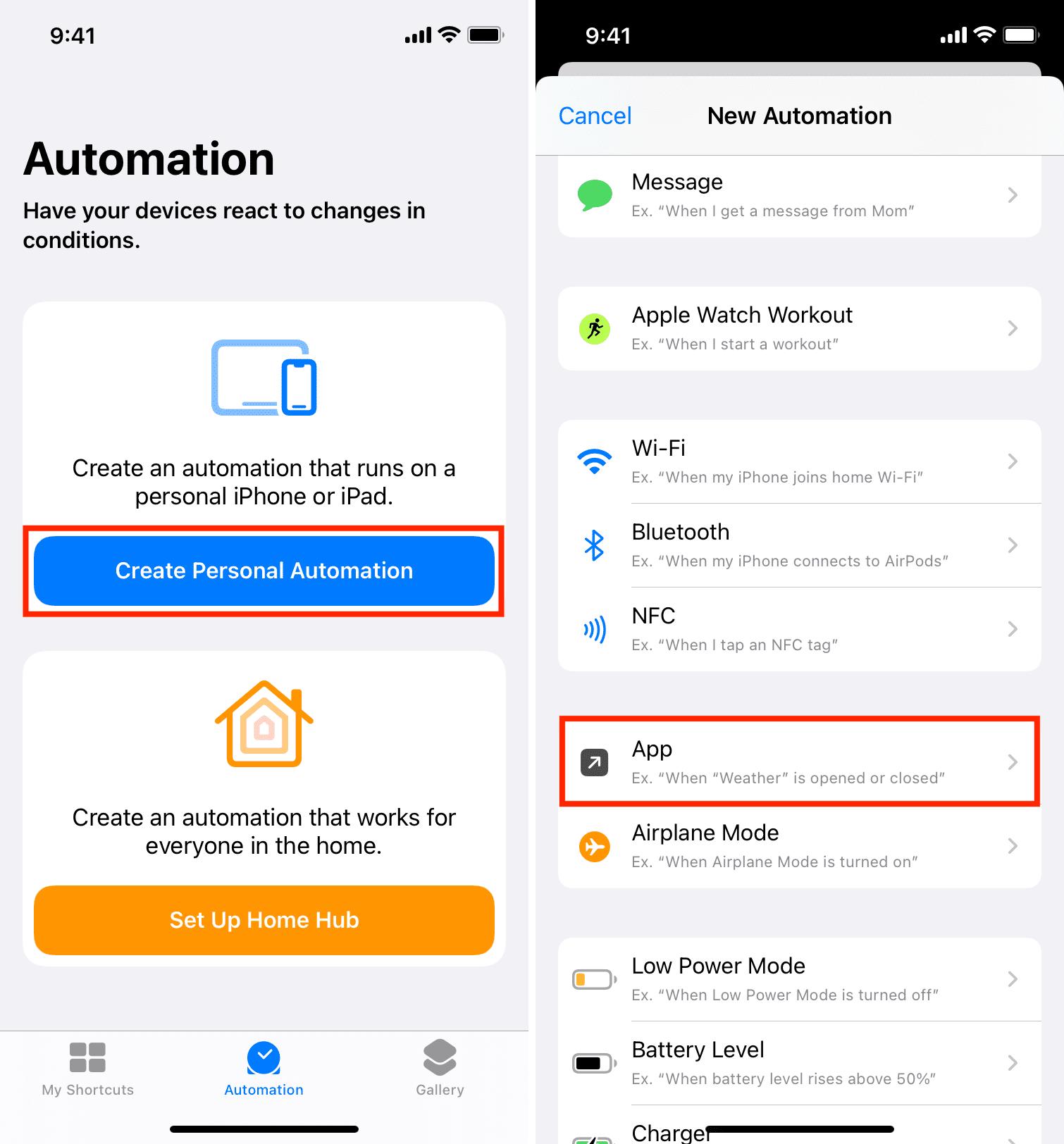 Crea Personal Automation e scegli App su iPhone