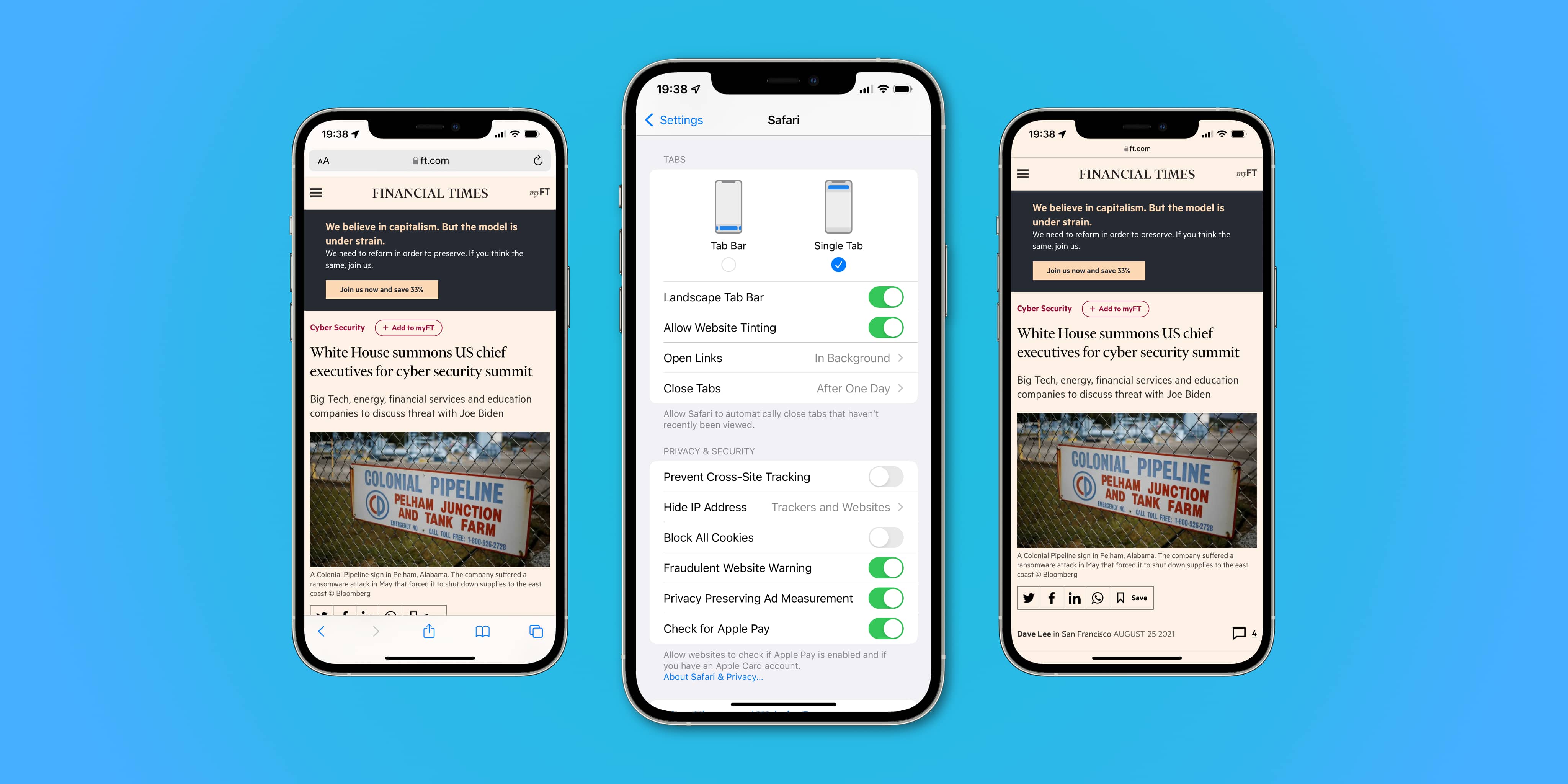Tre screenshot di iPhone che mostrano le impostazioni di colorazione del sito Web per iOS 15 Safari