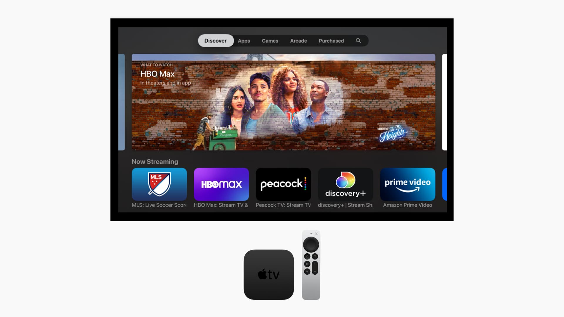 App su schermo Apple TV con box Apple TV e telecomando davanti allo schermo