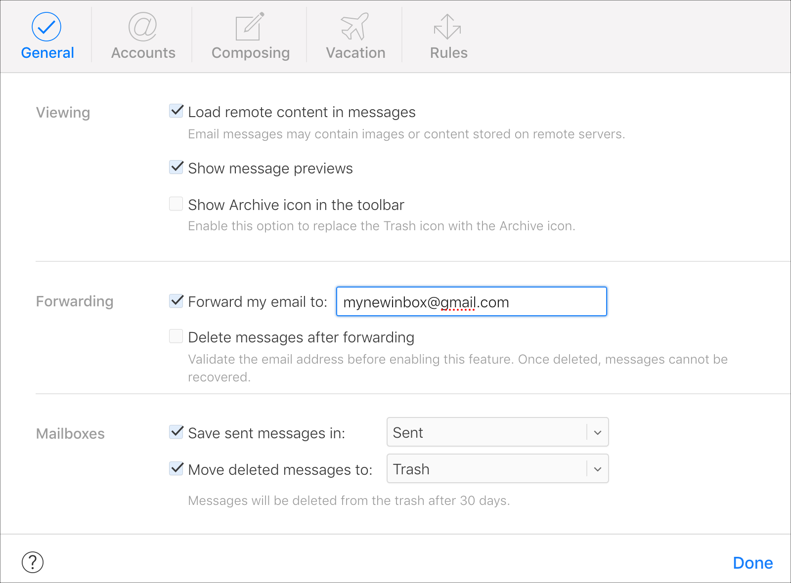Schermata principale di inoltro e-mail di iCloud