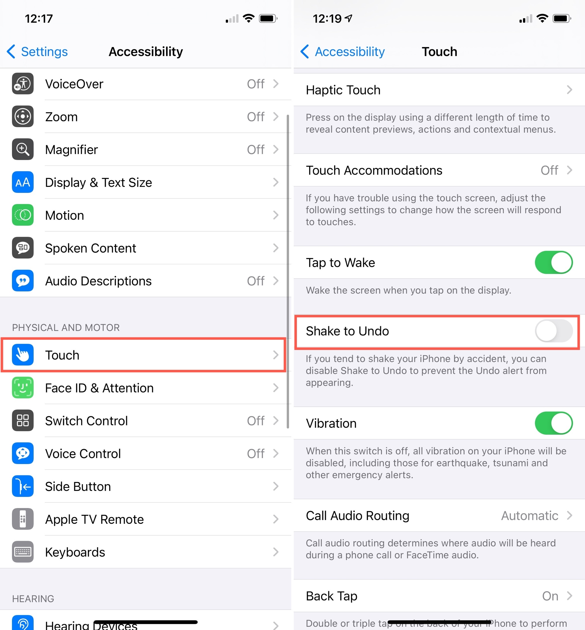 Disabilita Scuoti per annullare su iPhone