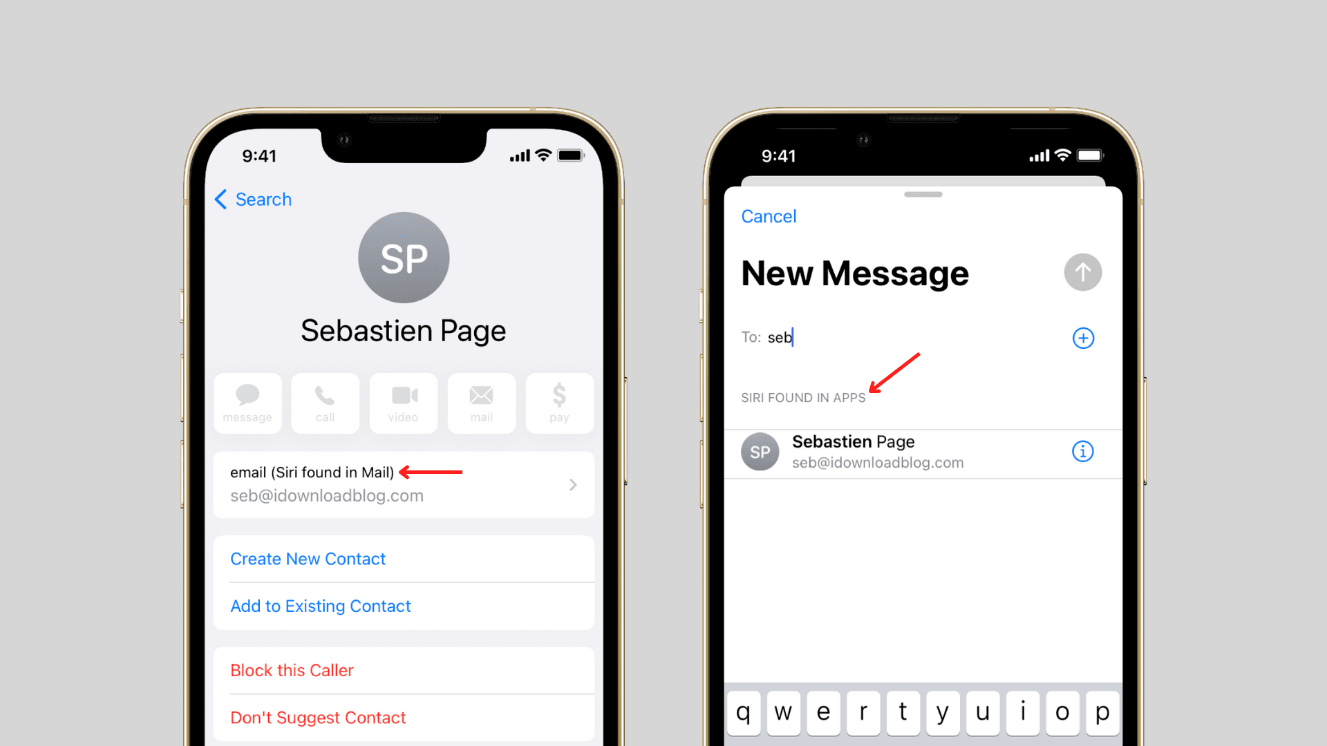 Due screenshot di iPhone che mostrano i suggerimenti di contatto di Siri nell'app Contatti e nell'app Apple Mail