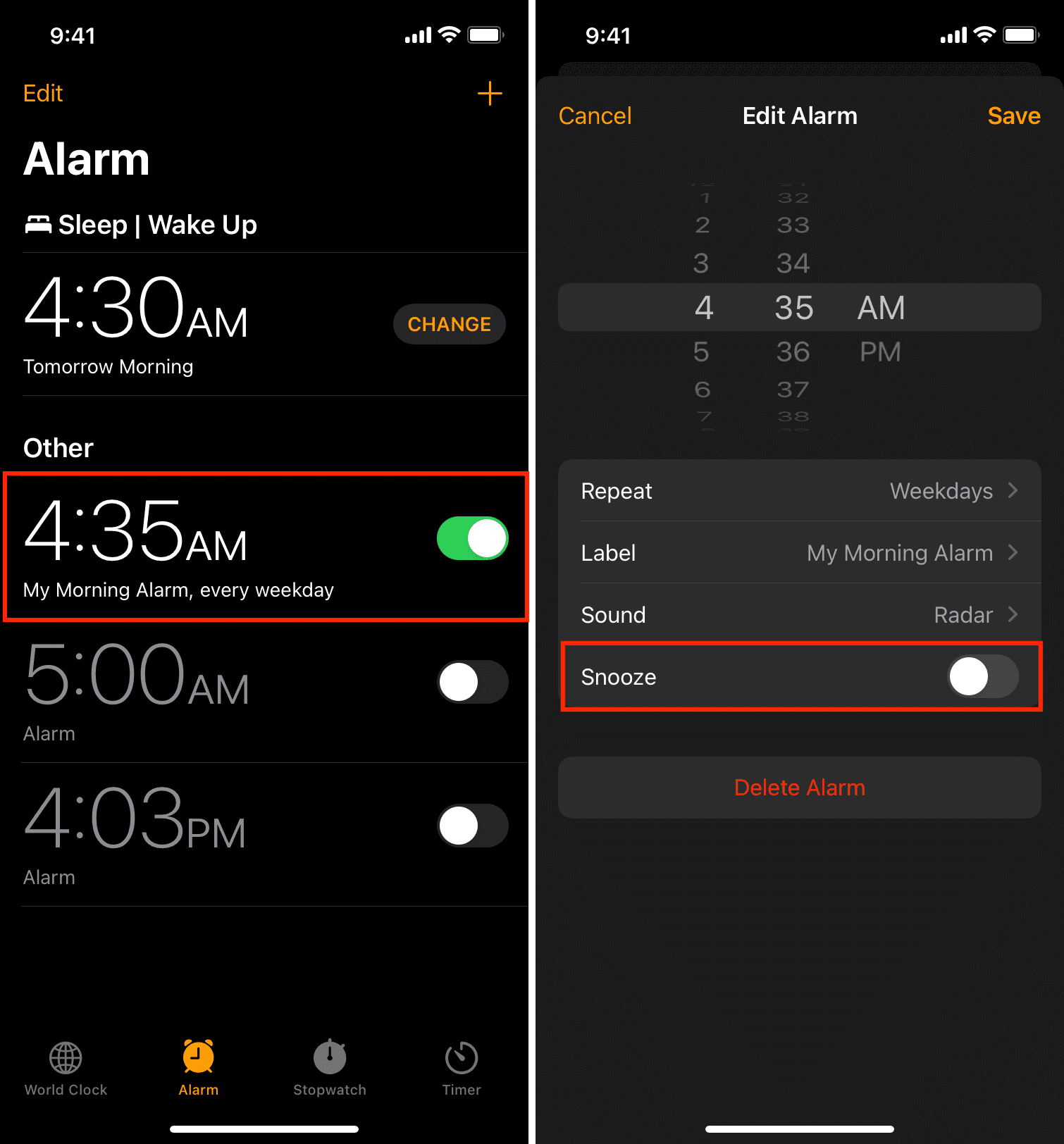Disattiva la ripetizione della sveglia all'interno dell'app Orologio dell'iPhone