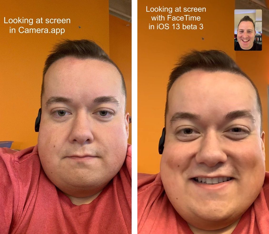 Esempio fianco a fianco dell'attenzione per la correzione del contatto visivo di FaceTime
