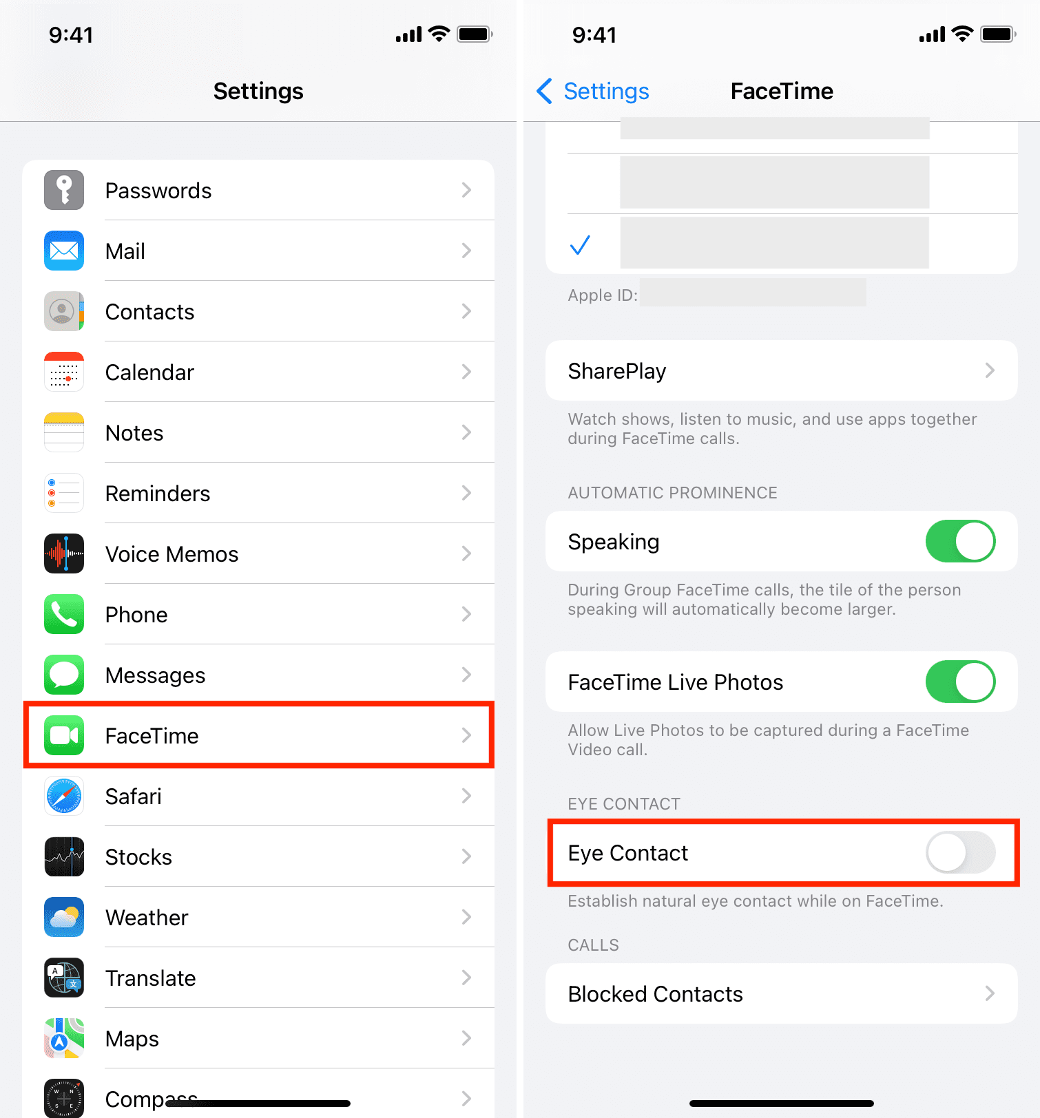 Disattiva il contatto visivo in FaceTime su iPhone
