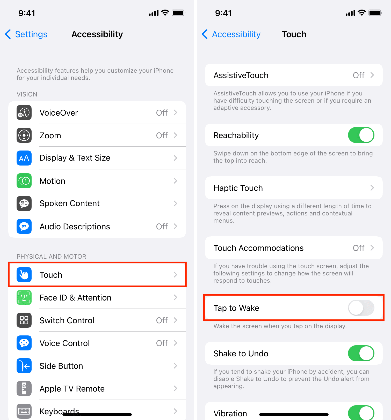 Disattiva Tocca per riattivare nelle Impostazioni iPhone
