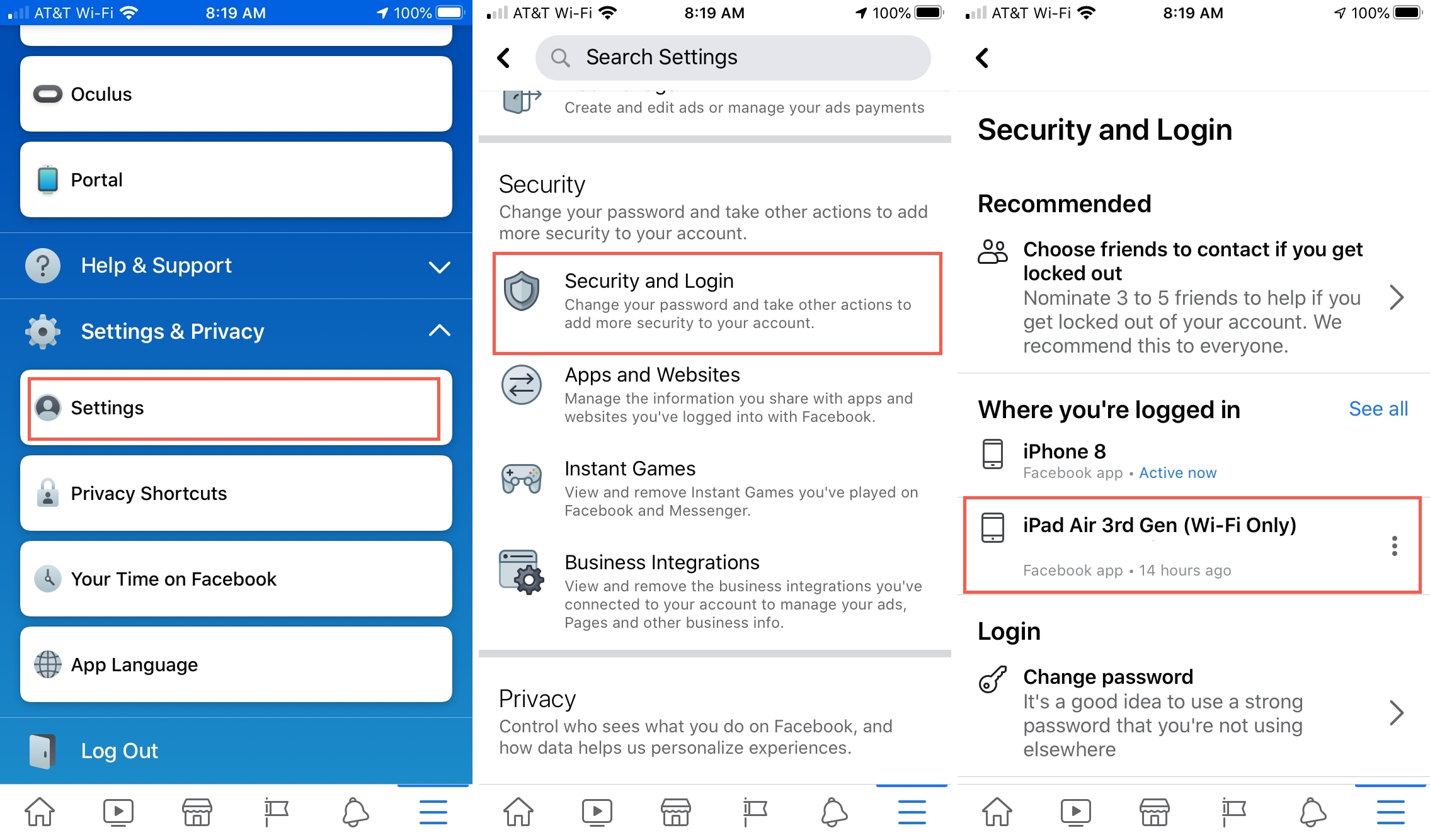 Impostazioni di Facebook in cui è stato effettuato l'accesso iPhone