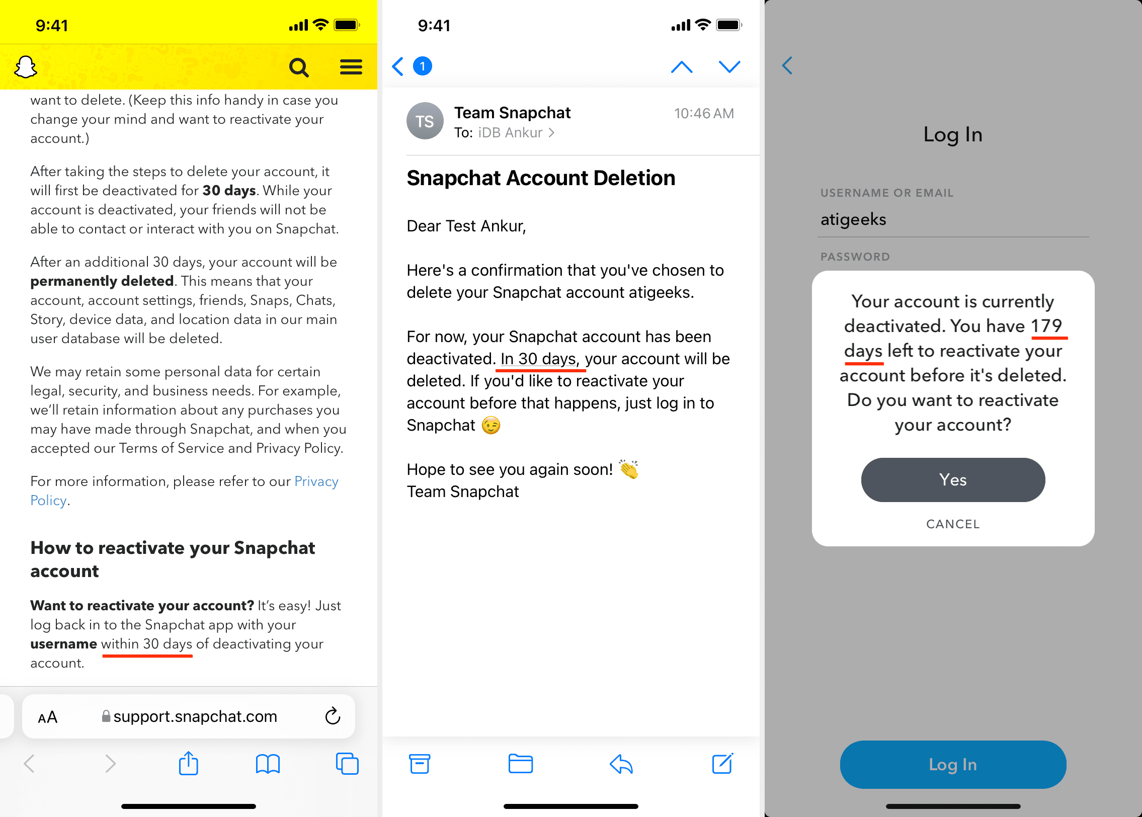 Recupera l'account Snapchat in 30 o 180 giorni