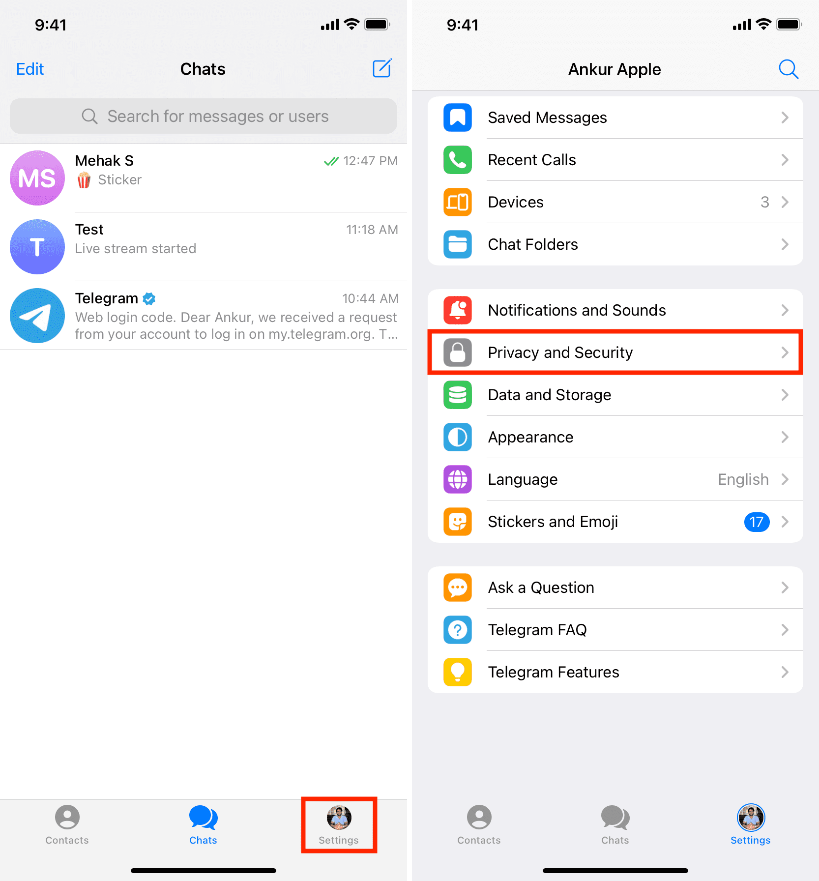 Impostazioni di Telegram iPhone