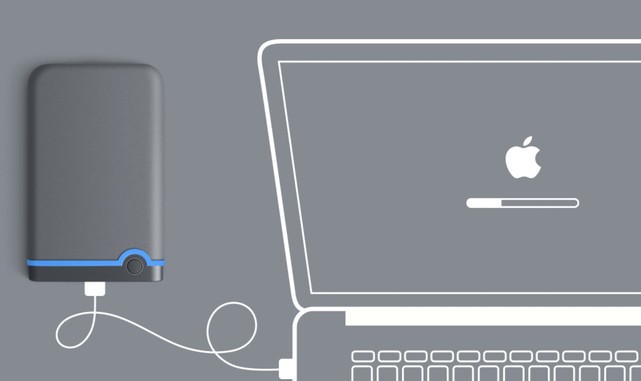 Un'illustrazione che mostra un'unità esterna collegata a MacBook
