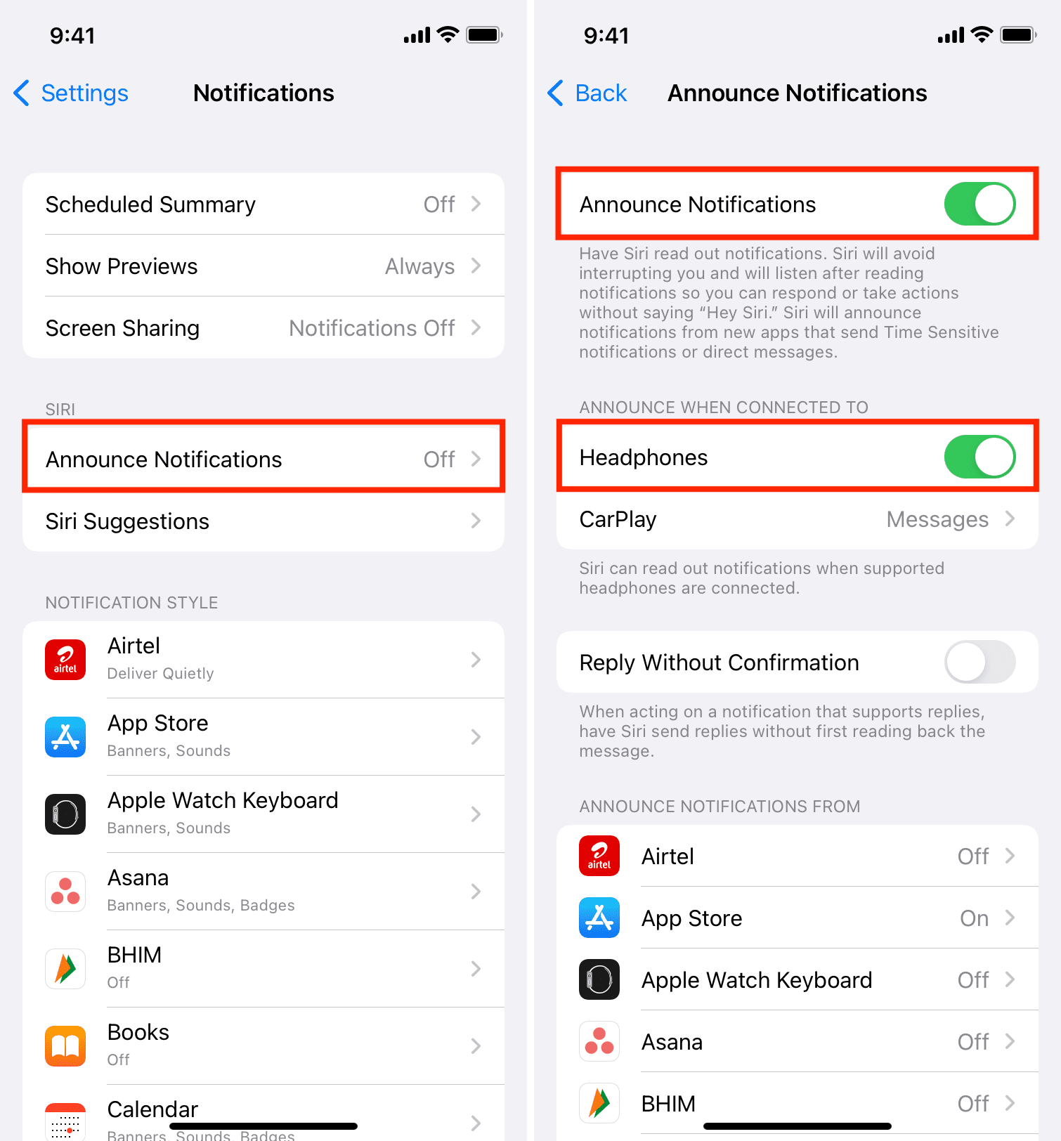 Abilita le notifiche di annuncio su iPhone
