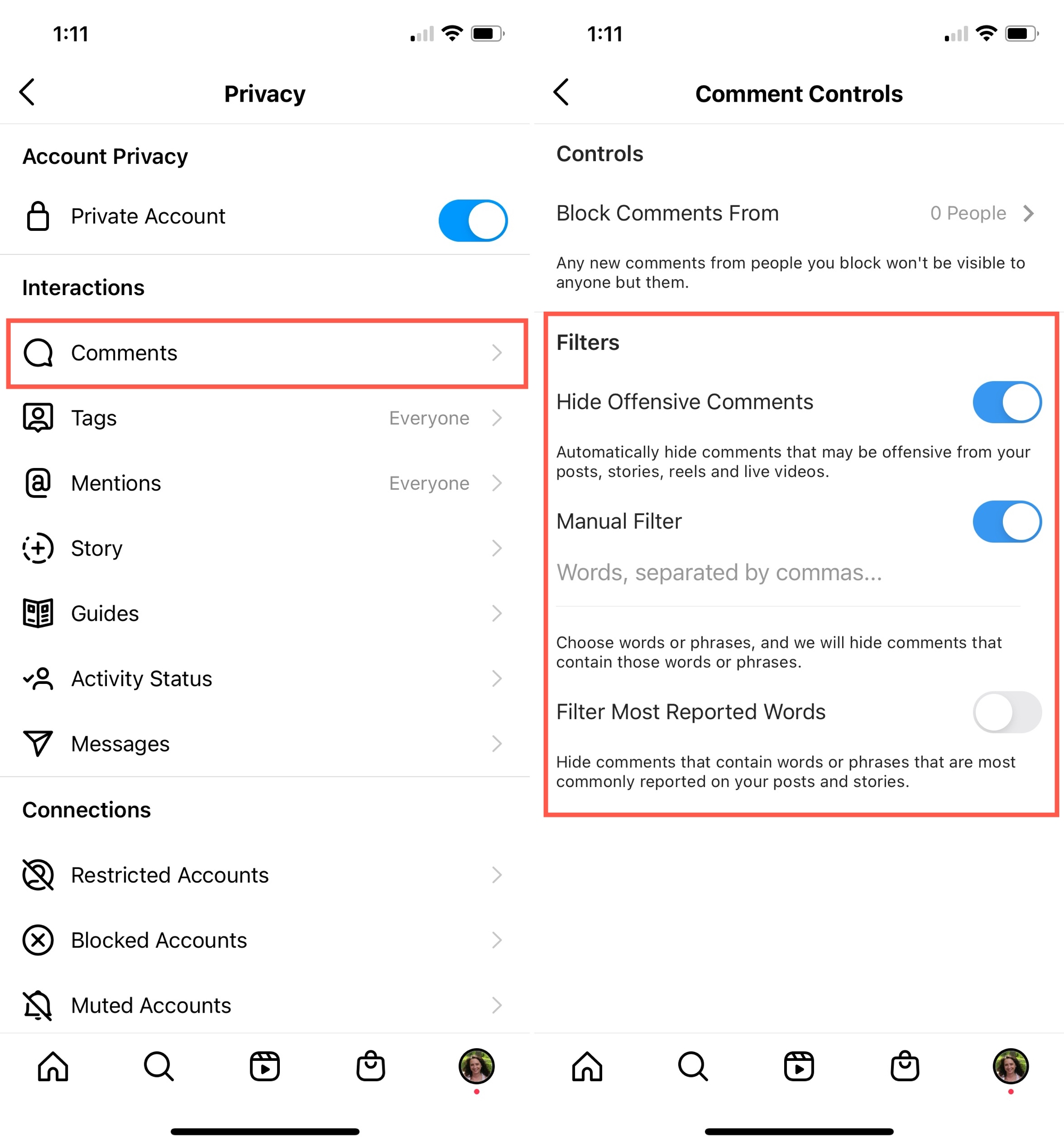 Commenti sulla privacy di Instagram offensivi e parole chiave