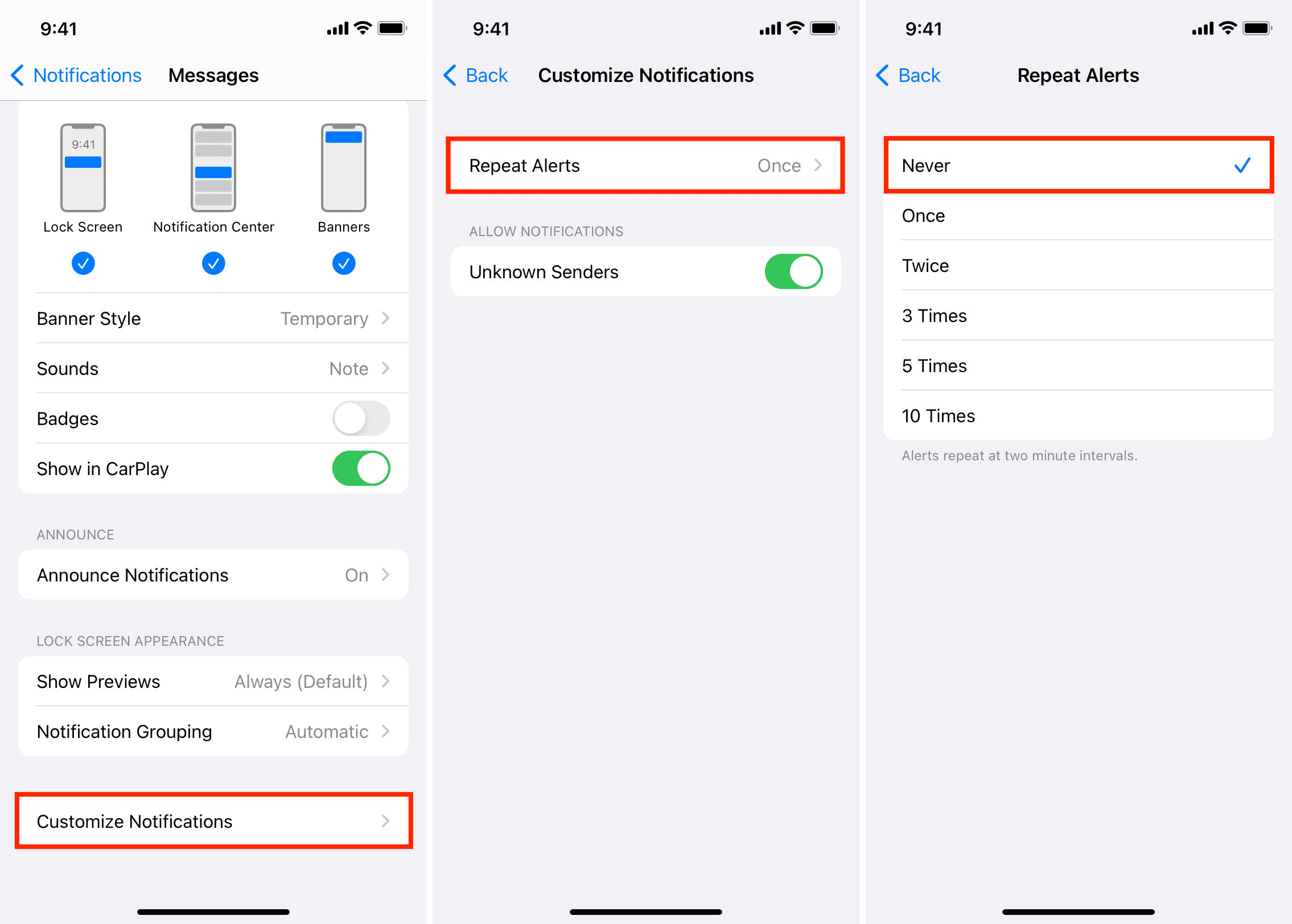 Ripeti gli avvisi nelle impostazioni di notifica per Messaggi su iPhone