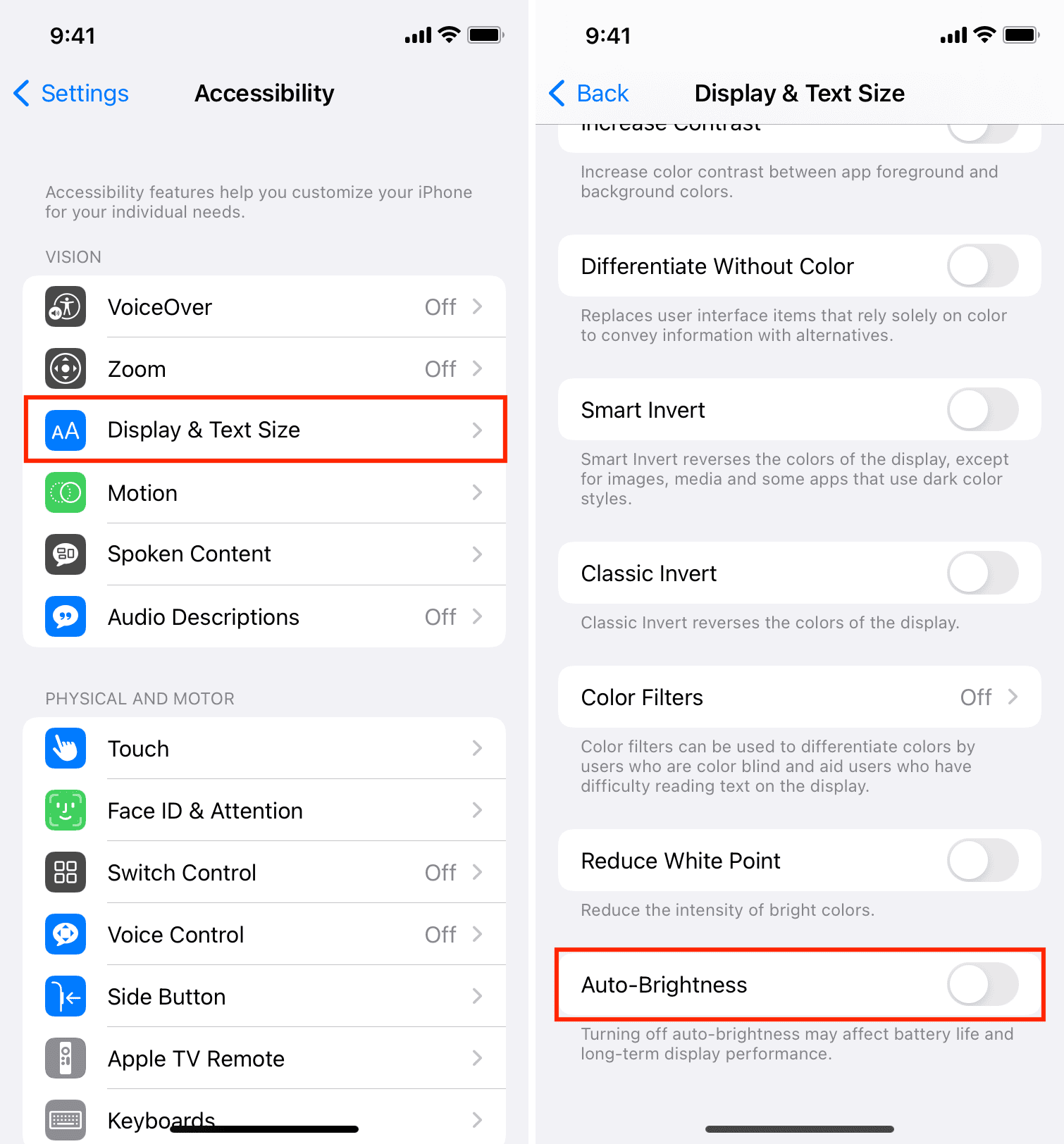 Disattiva la luminosità automatica nelle impostazioni di accessibilità di iPhone