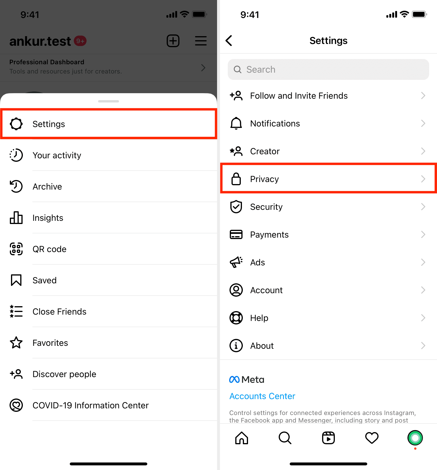 Impostazioni sulla privacy di Instagram nell'app
