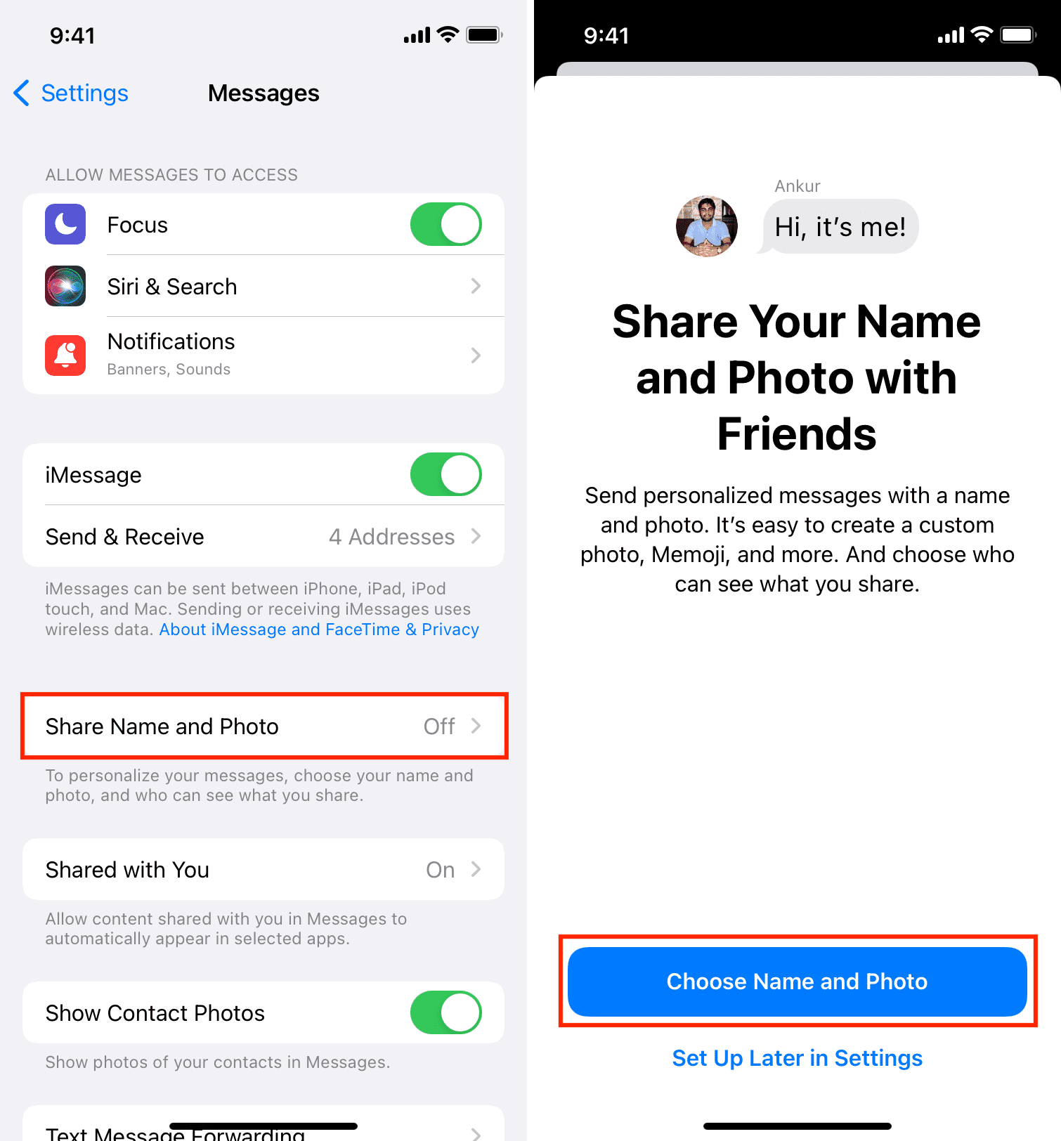 Condividi nome e foto nelle impostazioni dei messaggi di iPhone