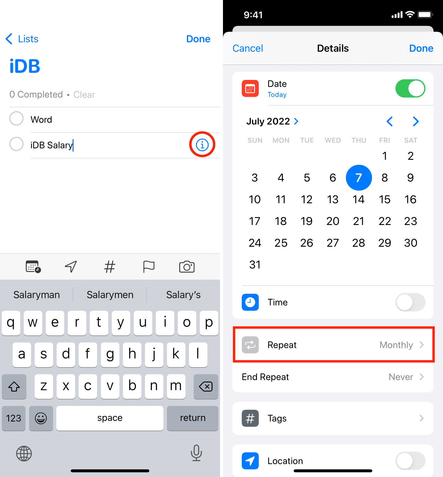 Aggiungi promemoria ripetuto su iPhone