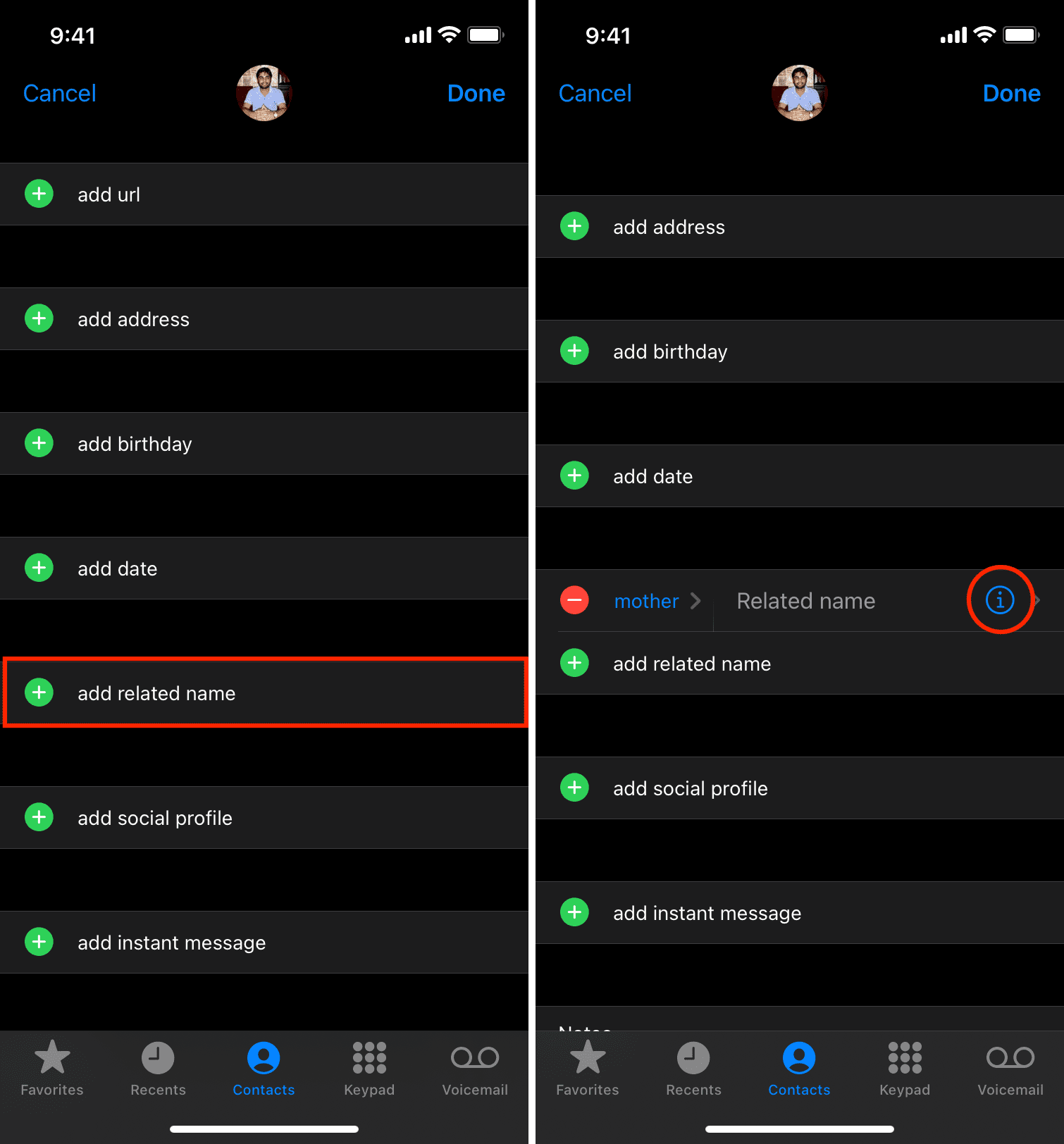 aggiungi il nome correlato nell'app Contatti di iPhone