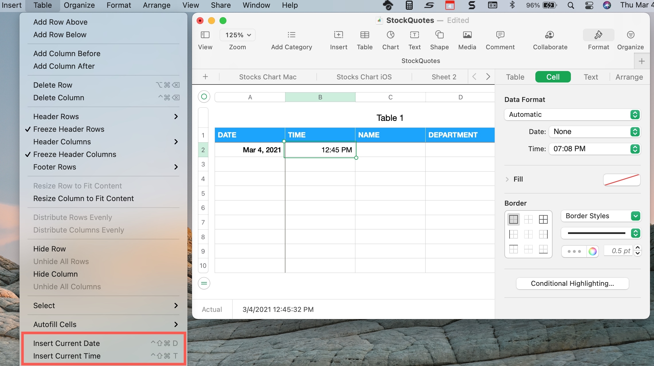 Numeri, inserisci la data o l'ora correnti su Mac