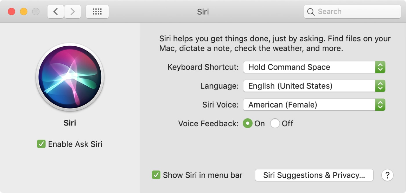 Scorciatoie da tastiera di Siri Mac