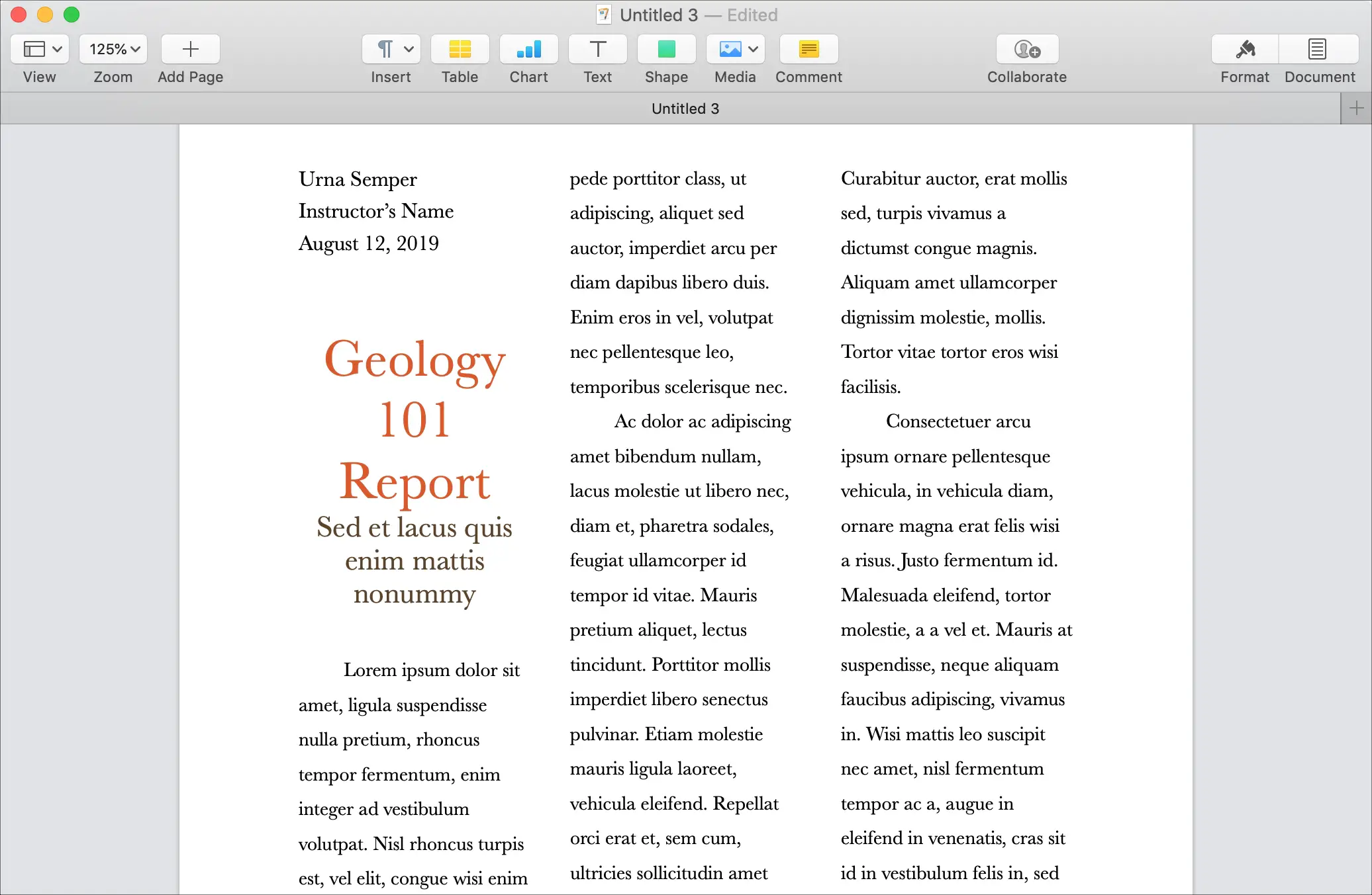 Documento con colonne in Pages su Mac