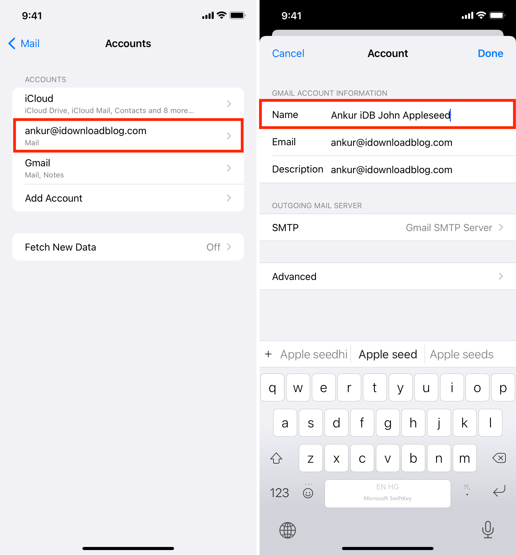 Modifica il nome visualizzato dell'e-mail per l'app Mail su iPhone