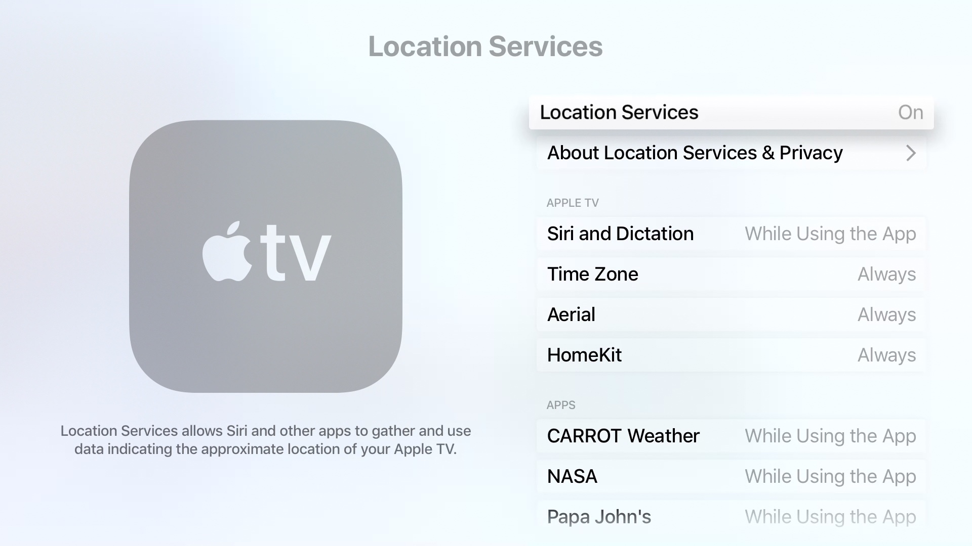 Servizi di localizzazione di Apple TV