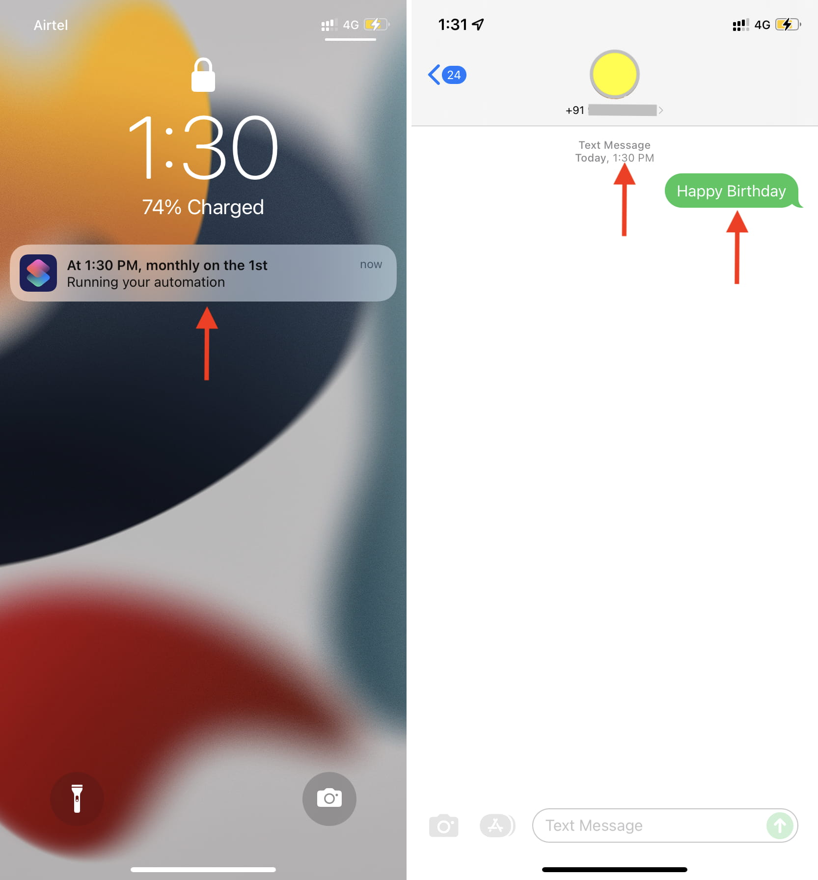Automazione dei messaggi programmata riuscita su iPhone