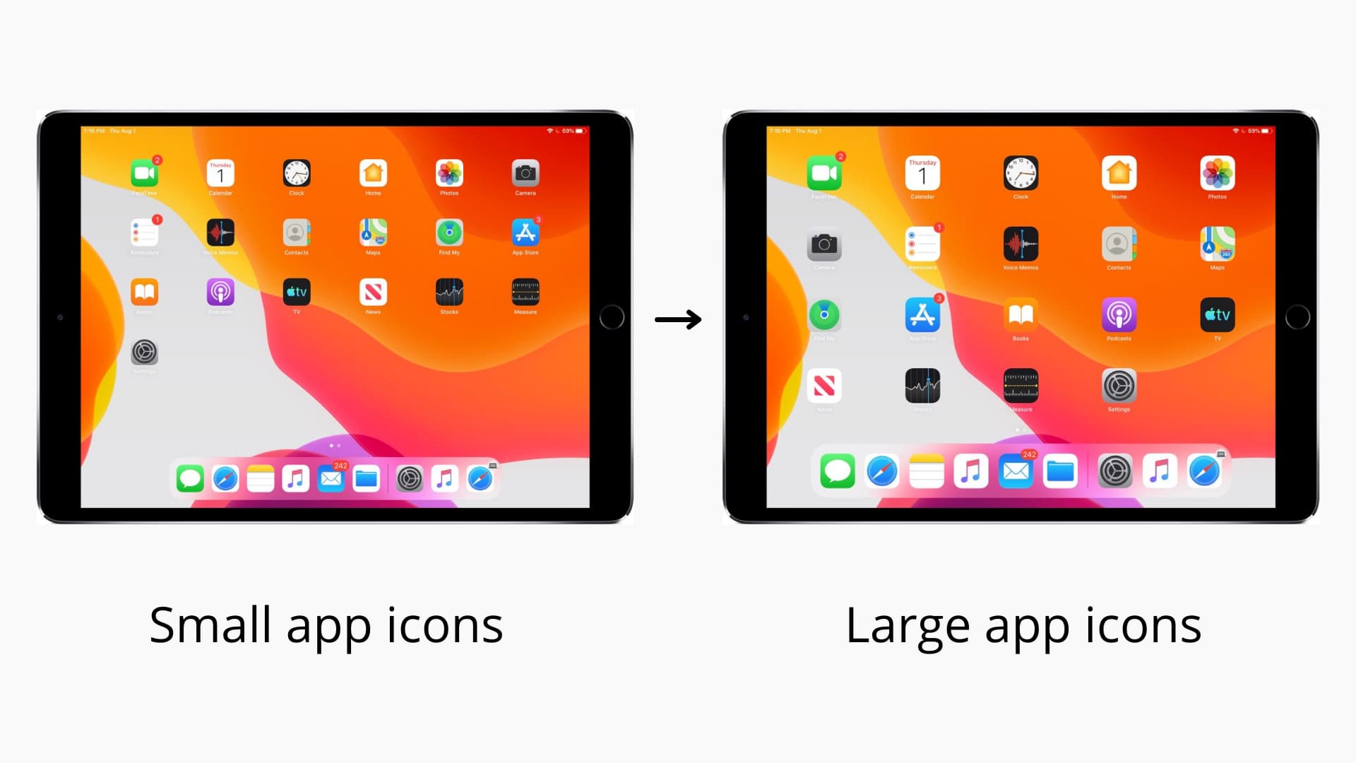 Icone piccole e grandi delle app per iPad visualizzate l'una accanto all'altra