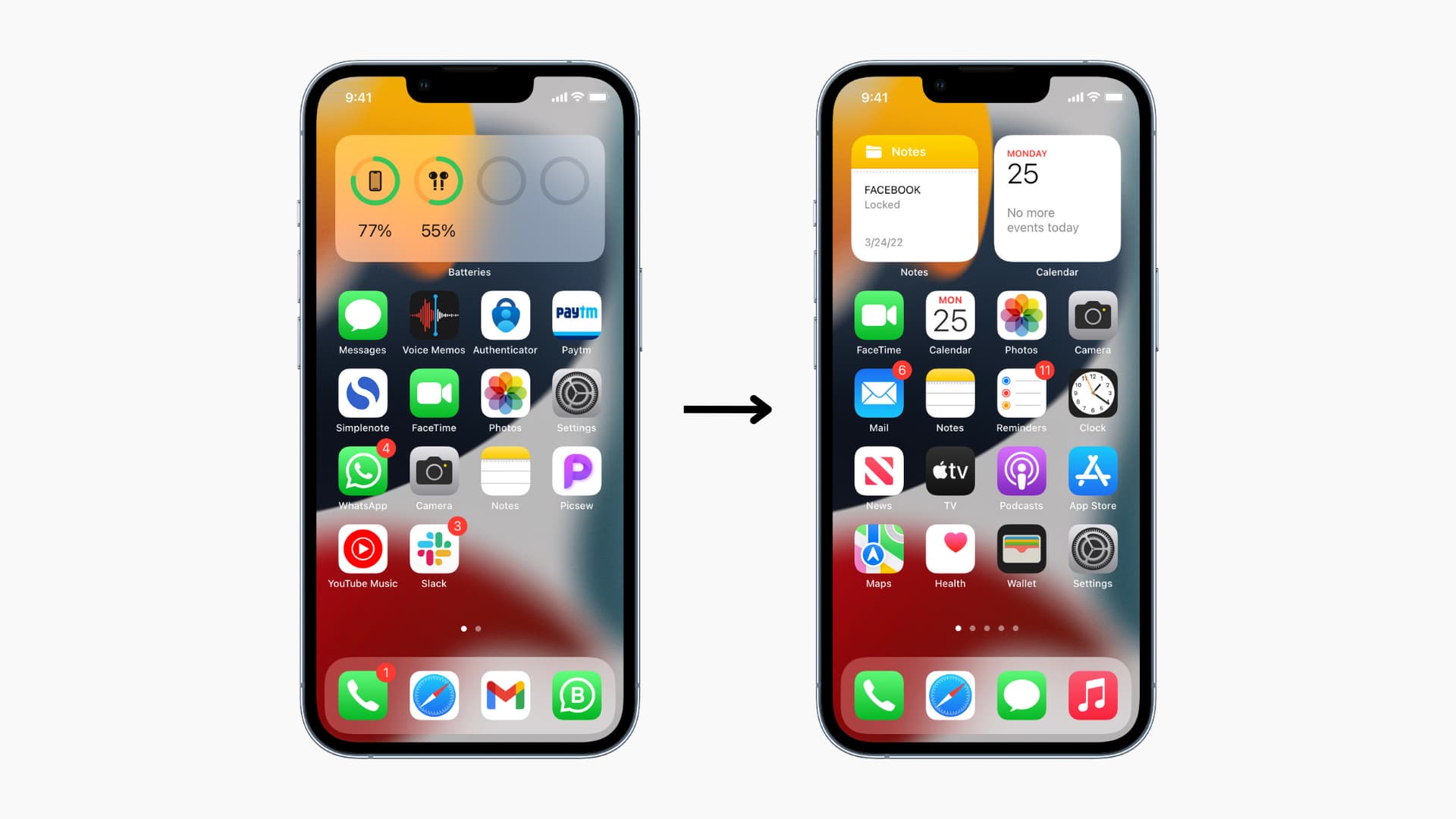 Due iPhone su sfondo chiaro con il primo iPhone che mostra la schermata iniziale personalizzata e il secondo iPhone che mostra il layout della schermata iniziale ripristinata