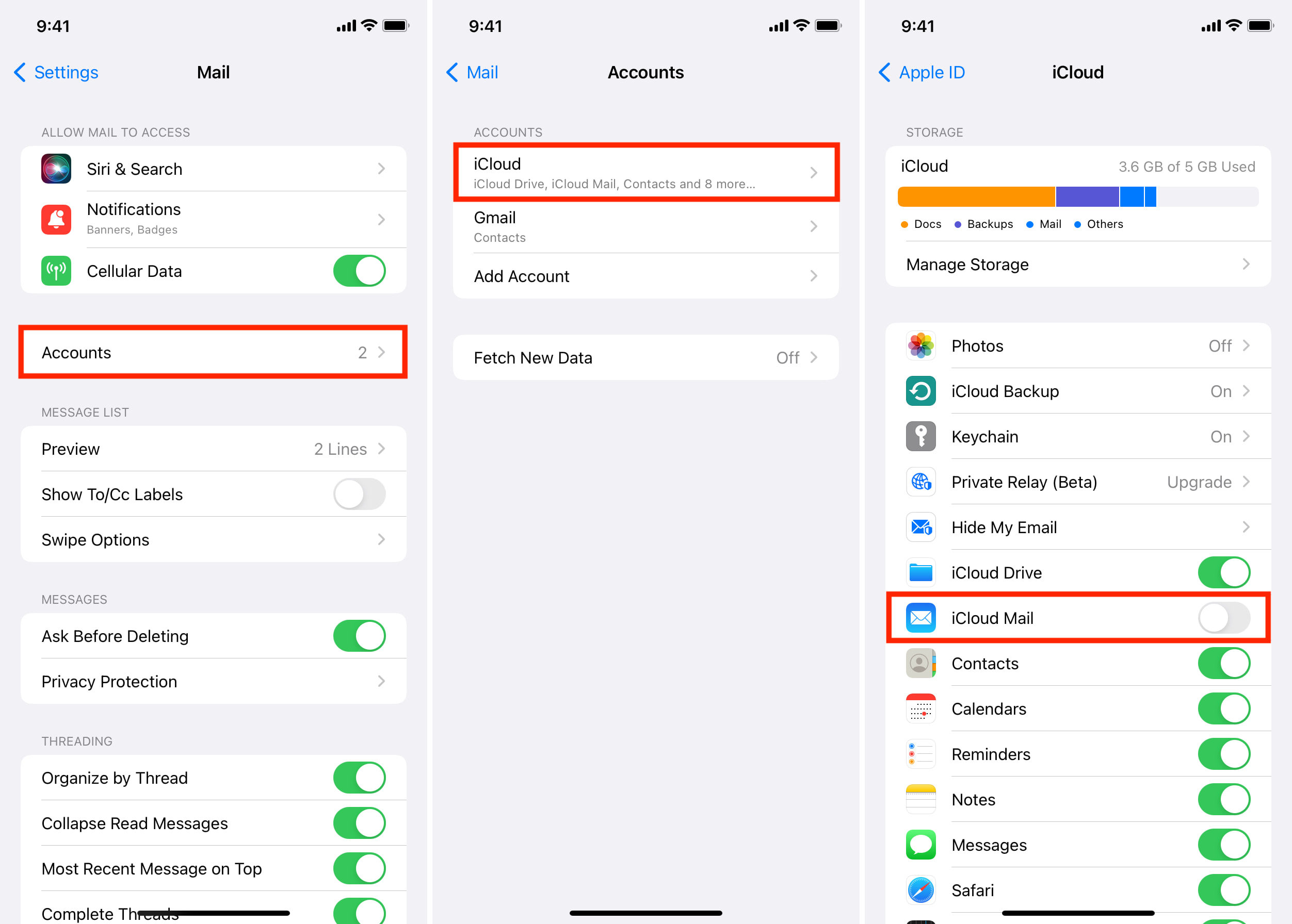 Disattiva iCloud Mail nelle Impostazioni dell'iPhone per ripristinarlo