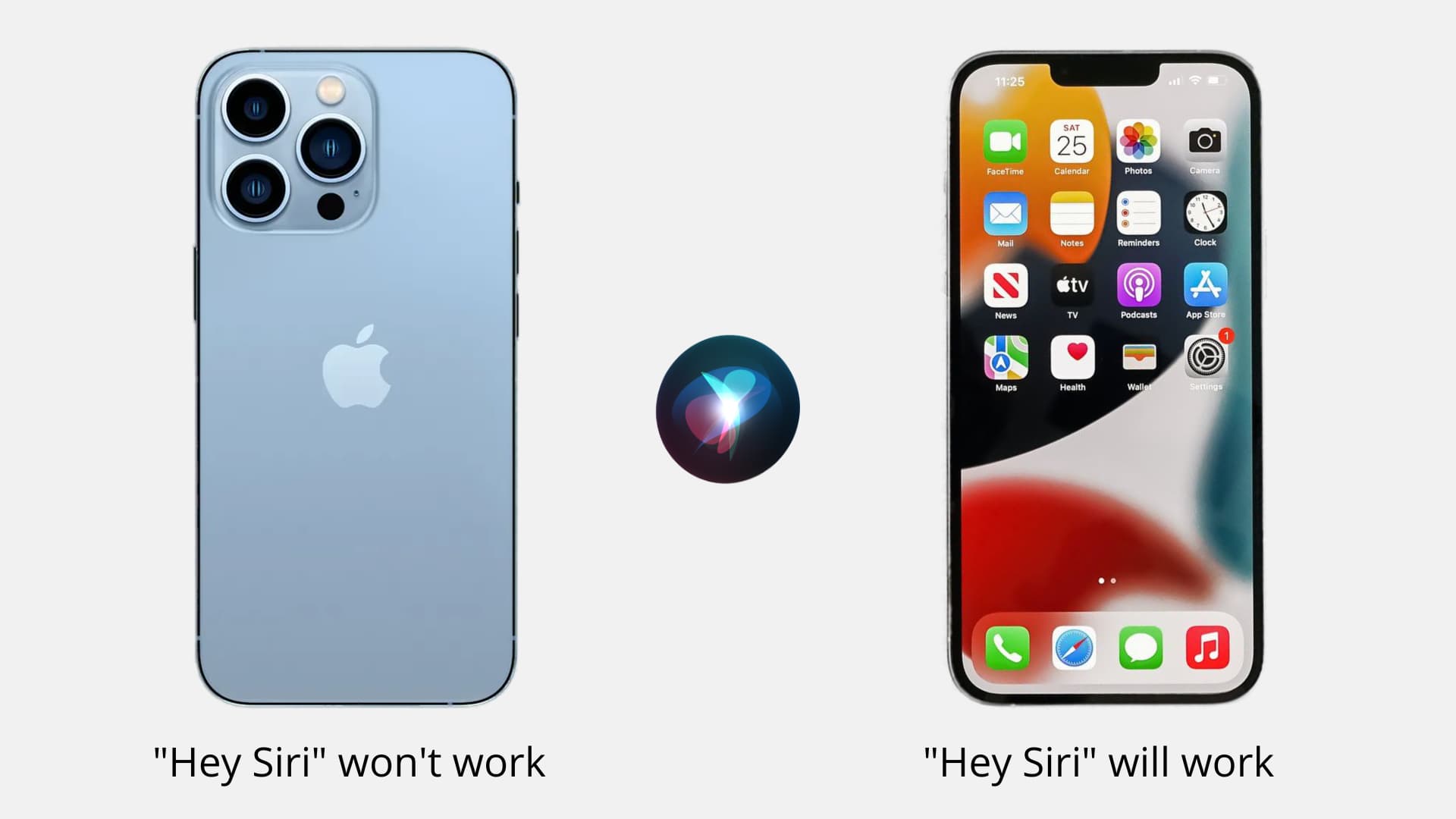 Due iPhone, uno rivolto verso il basso e uno rivolto verso l'alto per consentire a Siri di funzionare