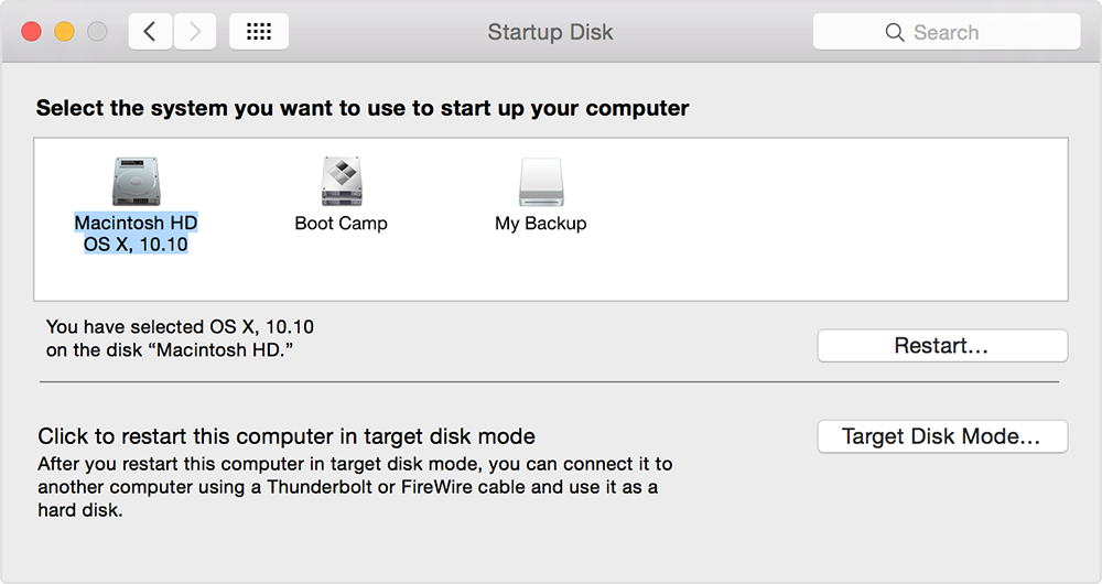 OS X Yosemite Preferenze di Sistema Disco di avvio Schermata Mac 001