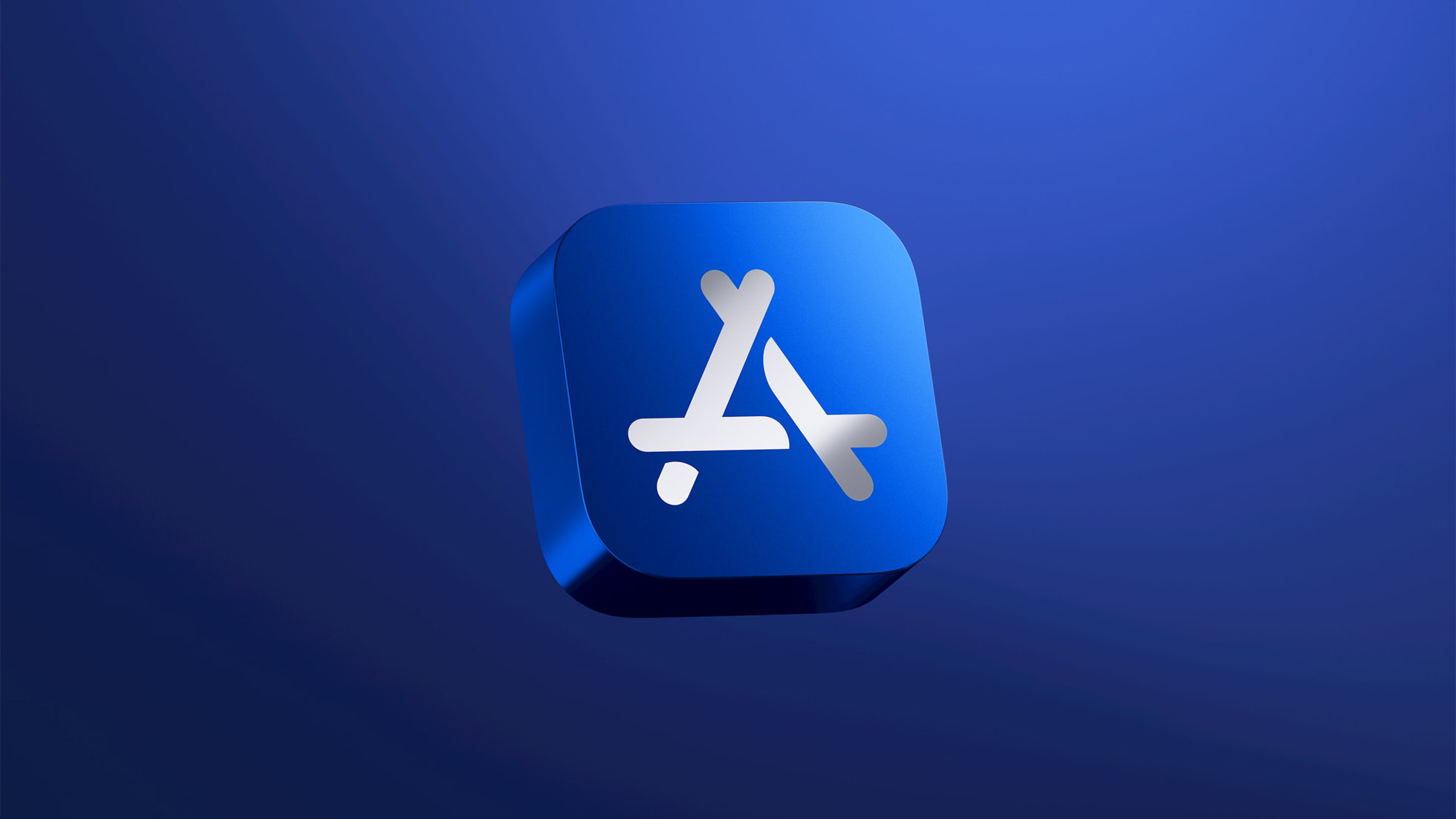 Immagine di marketing di Apple che mostra un'icona 3D per l'App Store su uno sfondo blu sfumato