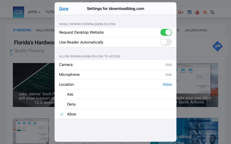 Come utilizzare il sito Web di Safari Visualizza il menu e le impostazioni per sito su iPad