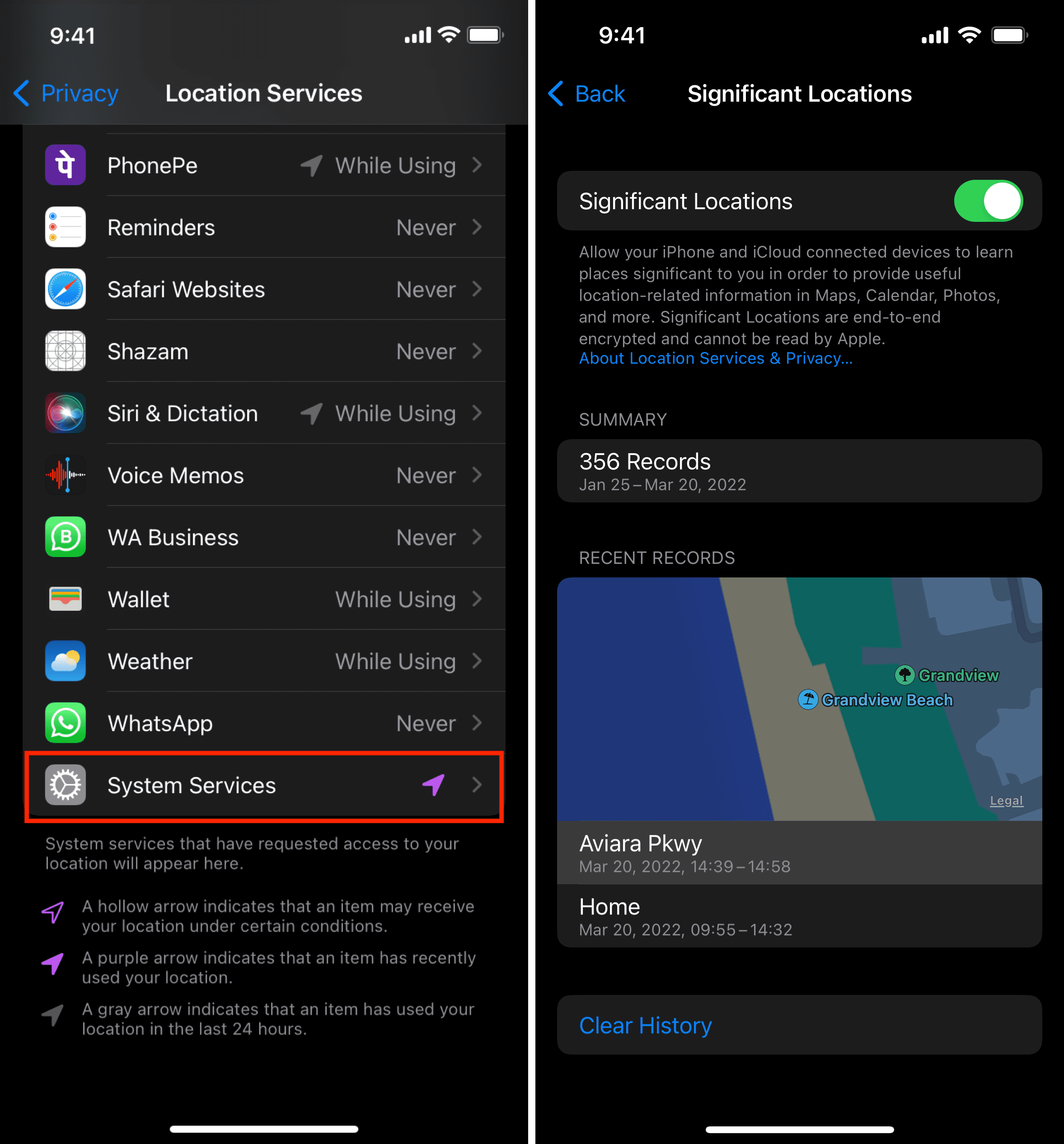 Posizioni significative su iPhone per vedere la cronologia delle posizioni