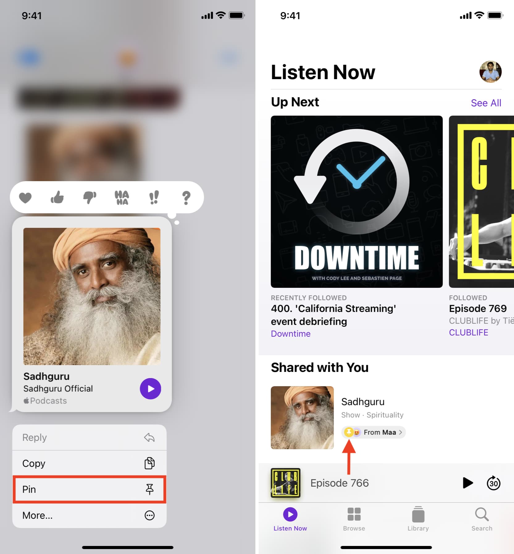 Messaggio appuntato visualizzato nella sezione Condivisi con te