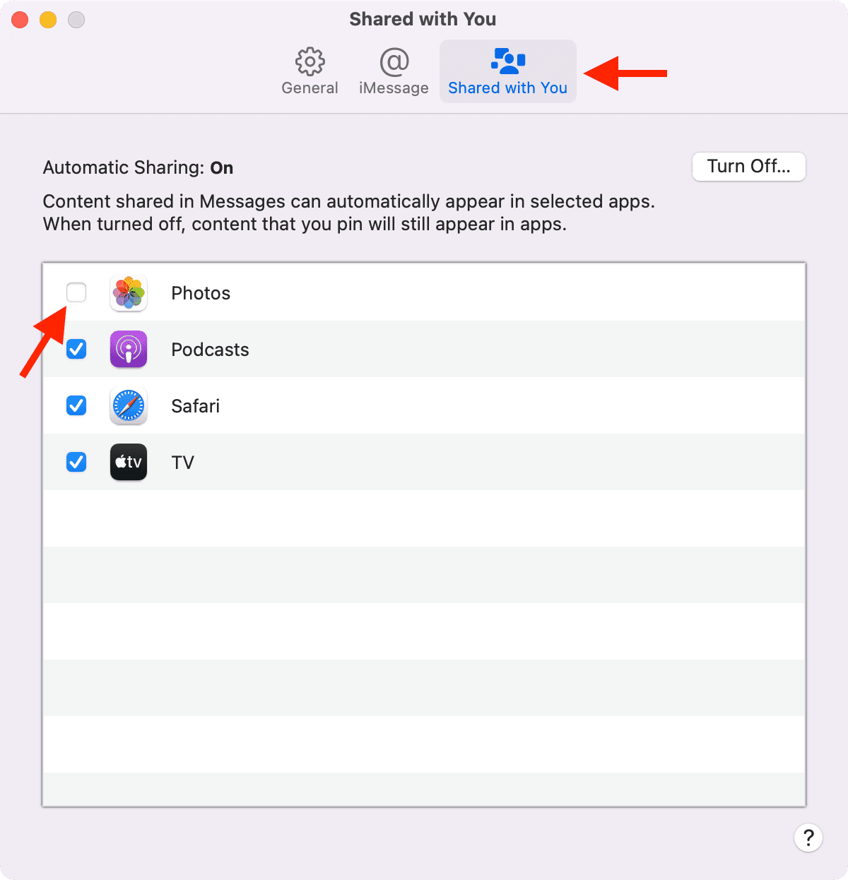 Disattiva Condiviso con te nell'app Messaggi Mac