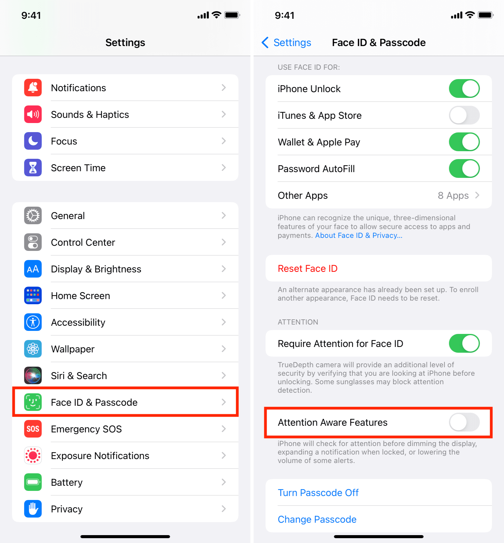 Funzionalità di attenzione consapevole iPhone