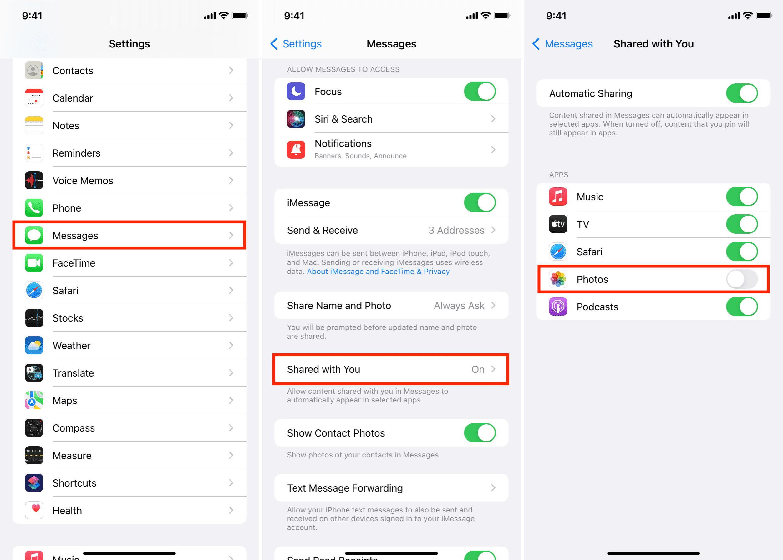 Disattiva Condiviso con te per le foto nelle impostazioni Messaggi di iPhone