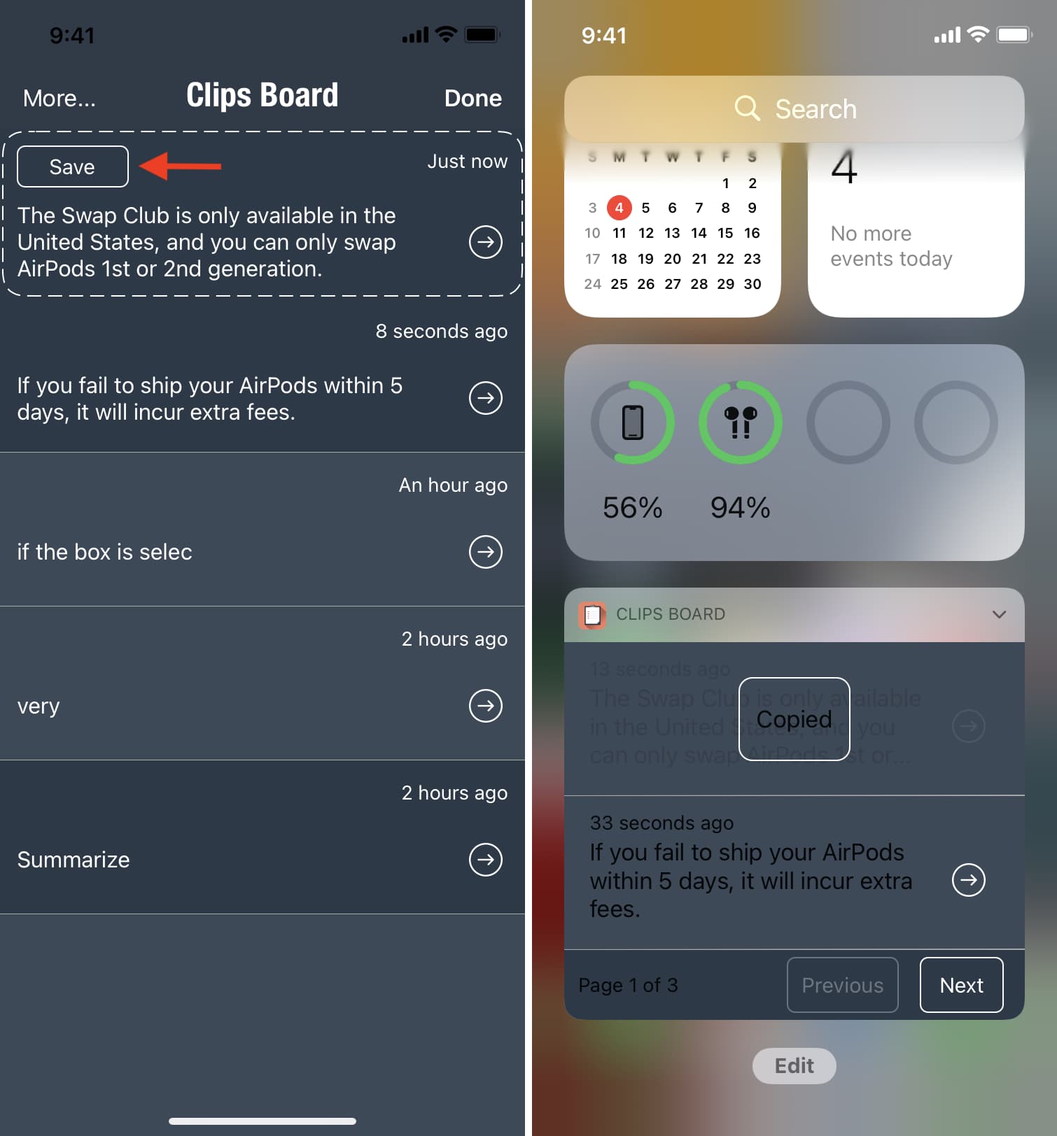 App per appunti Clips Board su iPhone con widget