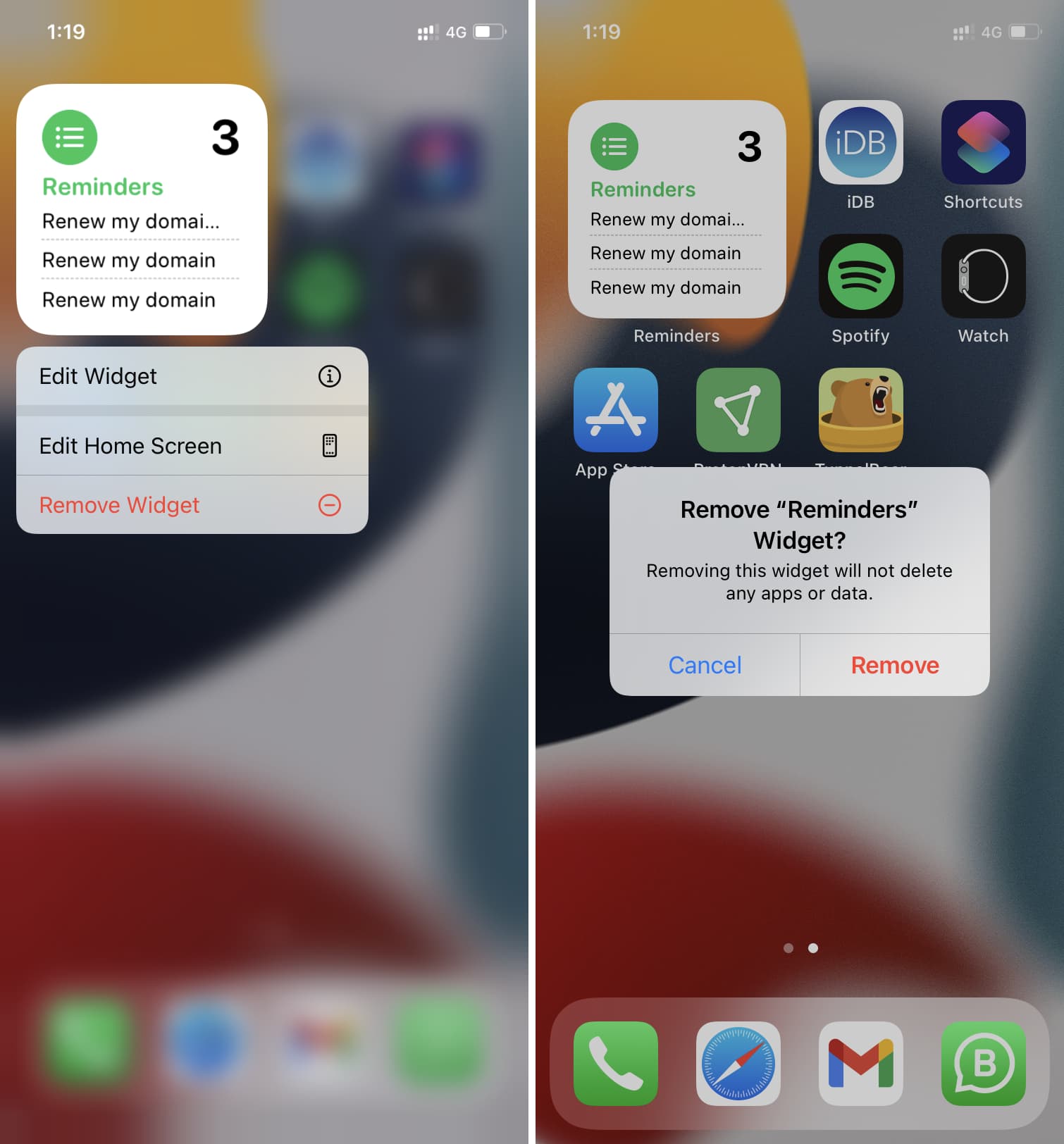 Rimuovi il widget Promemoria su iPhone
