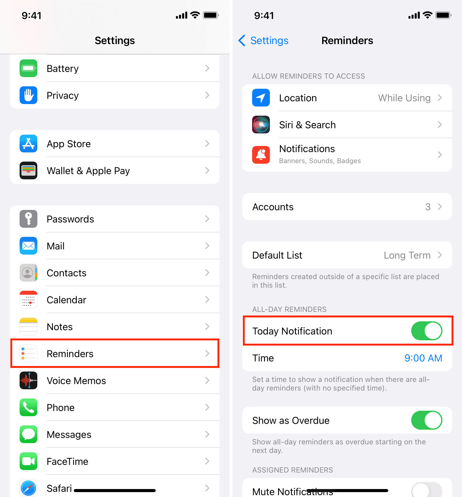 Notifica di oggi in Promemoria su iPhone