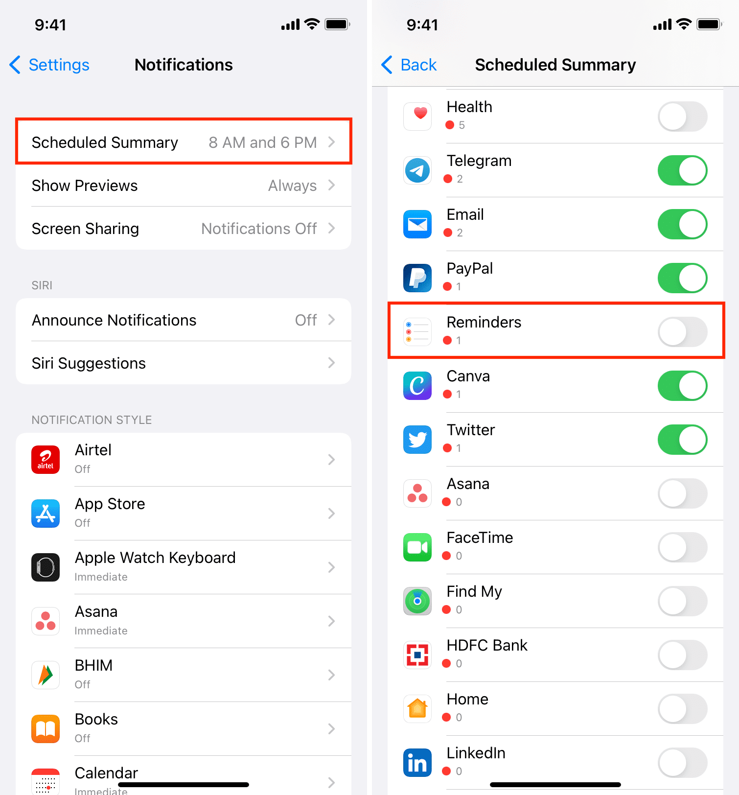 Promemoria disattivati nel riepilogo pianificato di iOS su iPhone