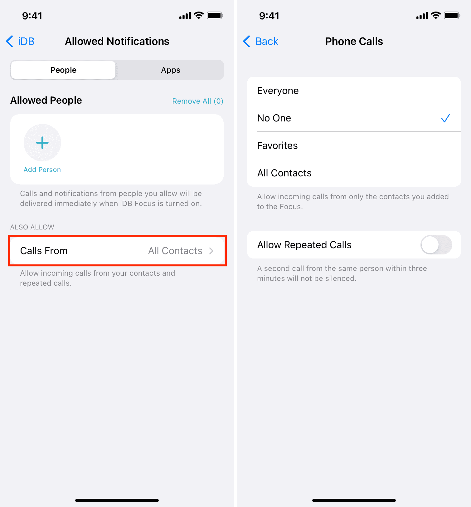 Impostazioni delle chiamate telefoniche nelle impostazioni Focus di iPhone