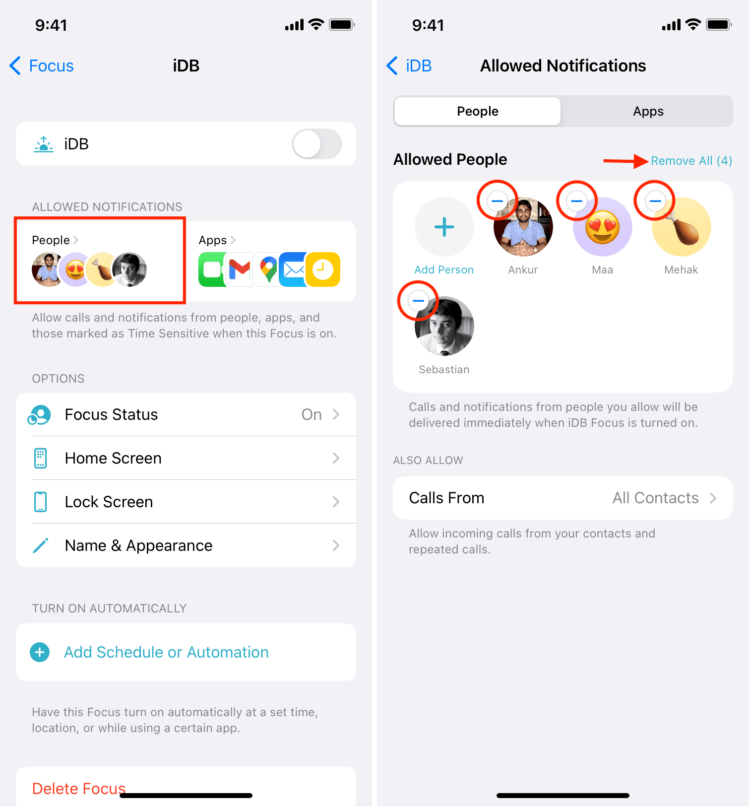 Rimuovi le persone autorizzate dalla modalità Focus su iPhone