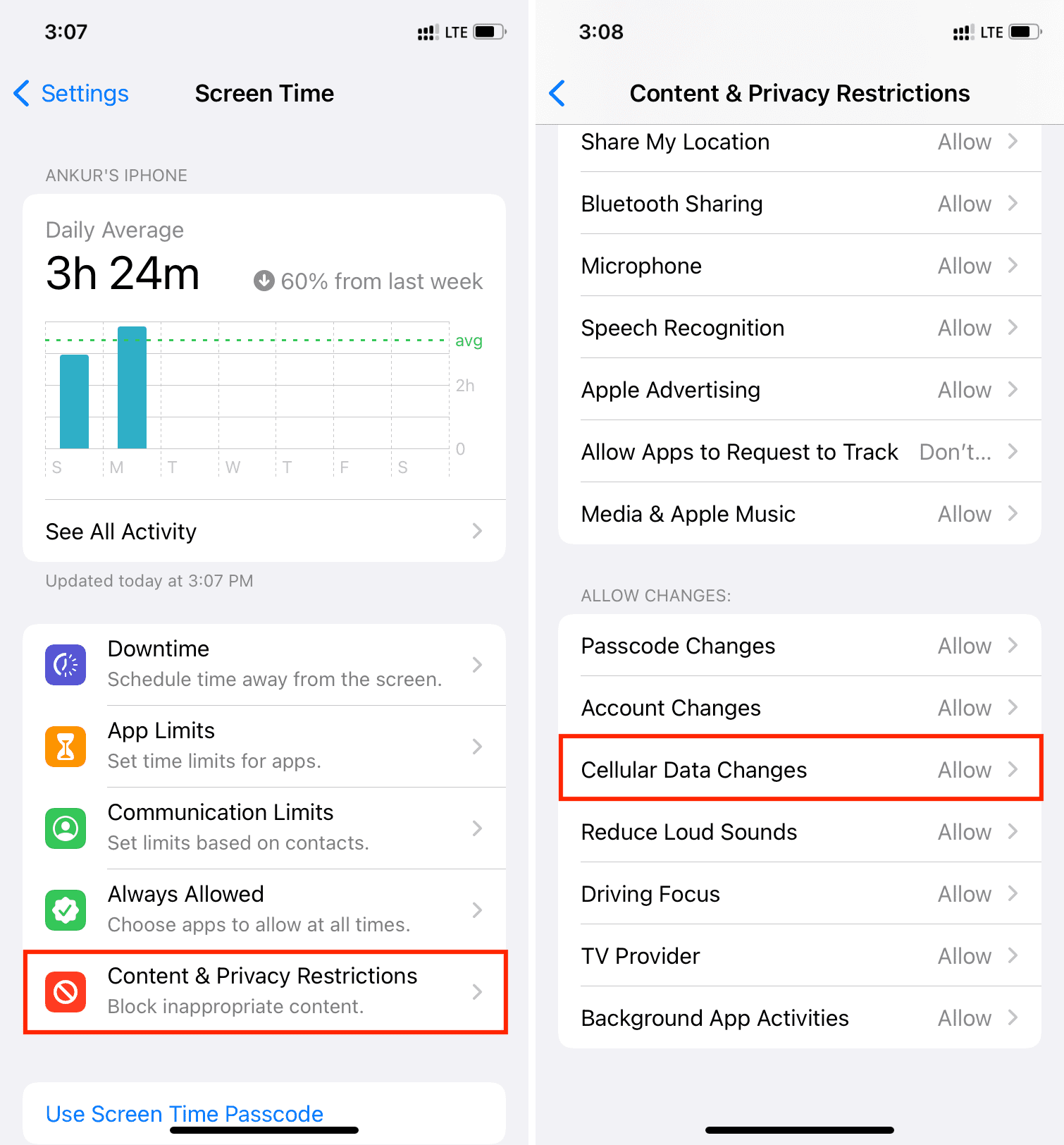 Modifiche ai dati cellulari nelle impostazioni del tempo di utilizzo su iPhone