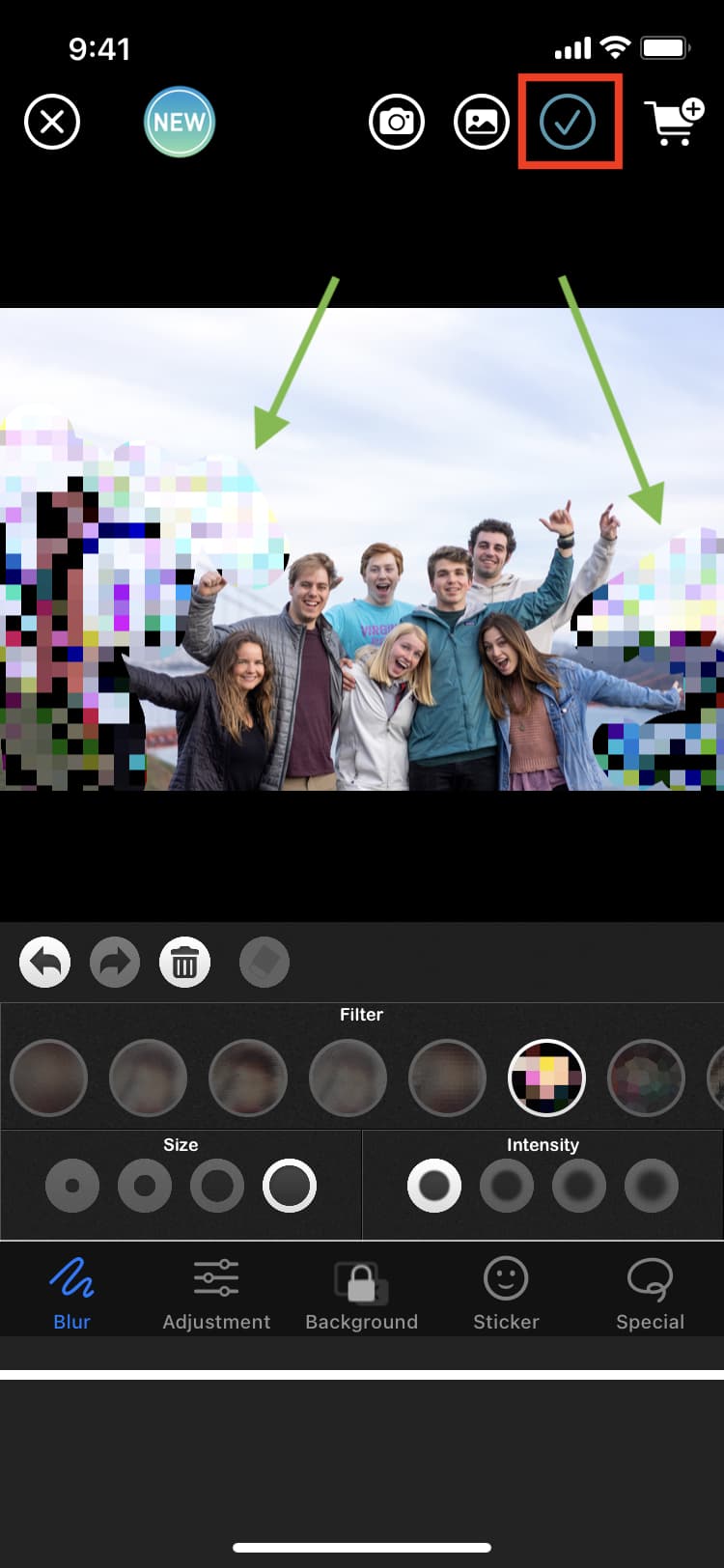 Aggiungi effetti pixel o sfocati e salva l'immagine finale sull'app Foto per iPhone