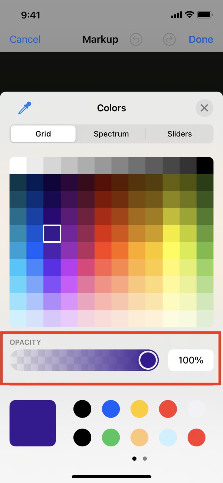 Scegli il colore e imposta l'opacità in Markup su iPhone